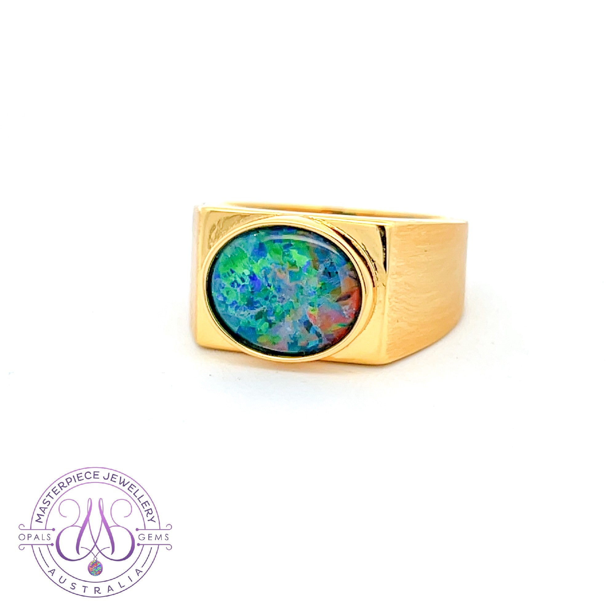 Gold Plated Sterling Silver rectangular mens ring 12x10mm Opal triplet ring