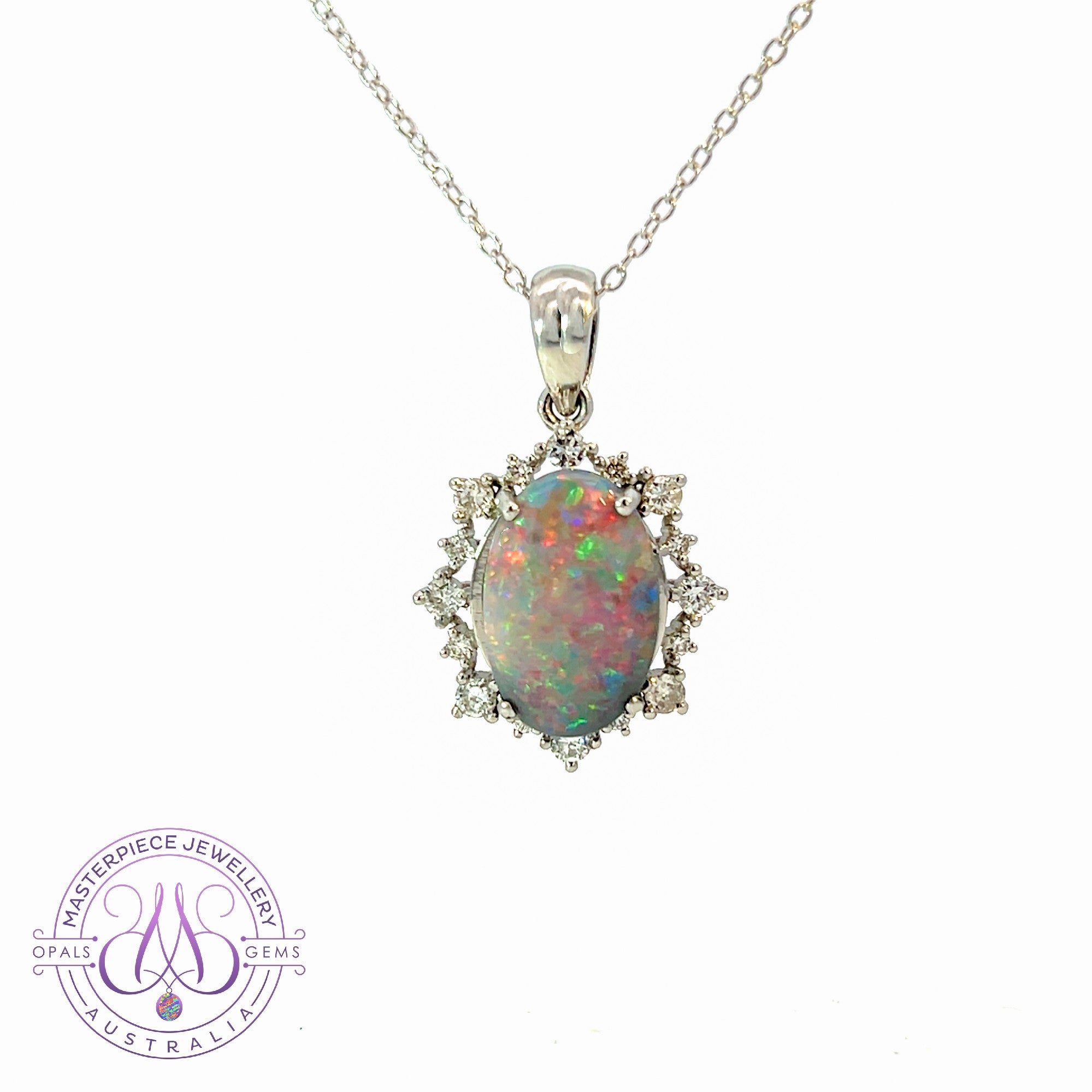 Platinum Halo style pendant set with Black Opal and Diamonds