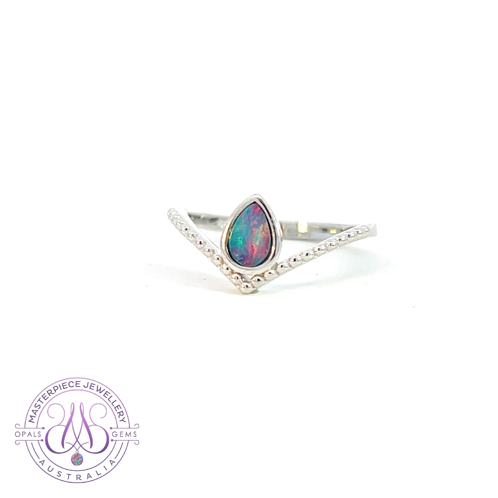 Sterling Silver pear shape Opal doublet 6x4mm off center ring V-shape