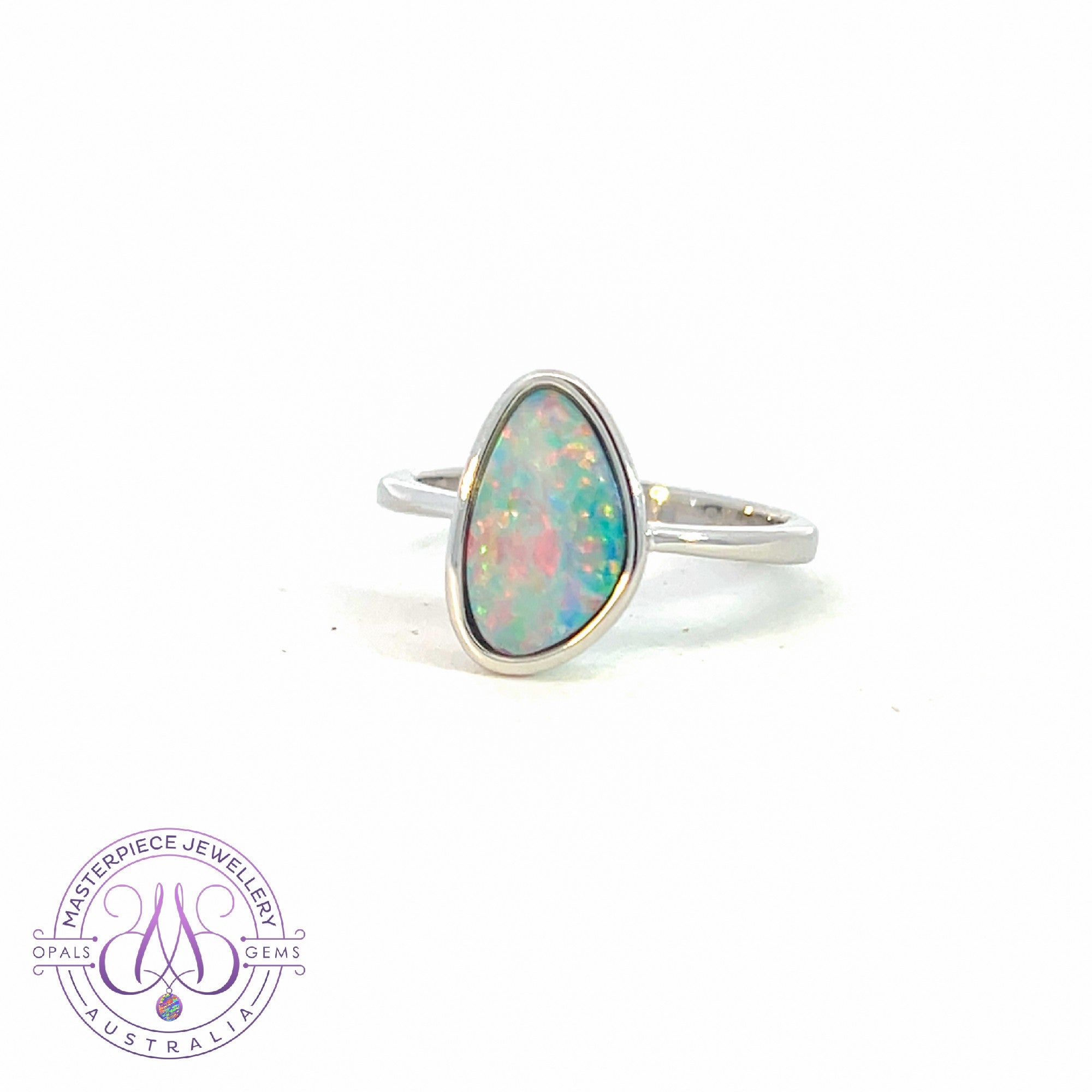 Sterling Silver Triangle shape Opal doublet solitaire bezel set ring