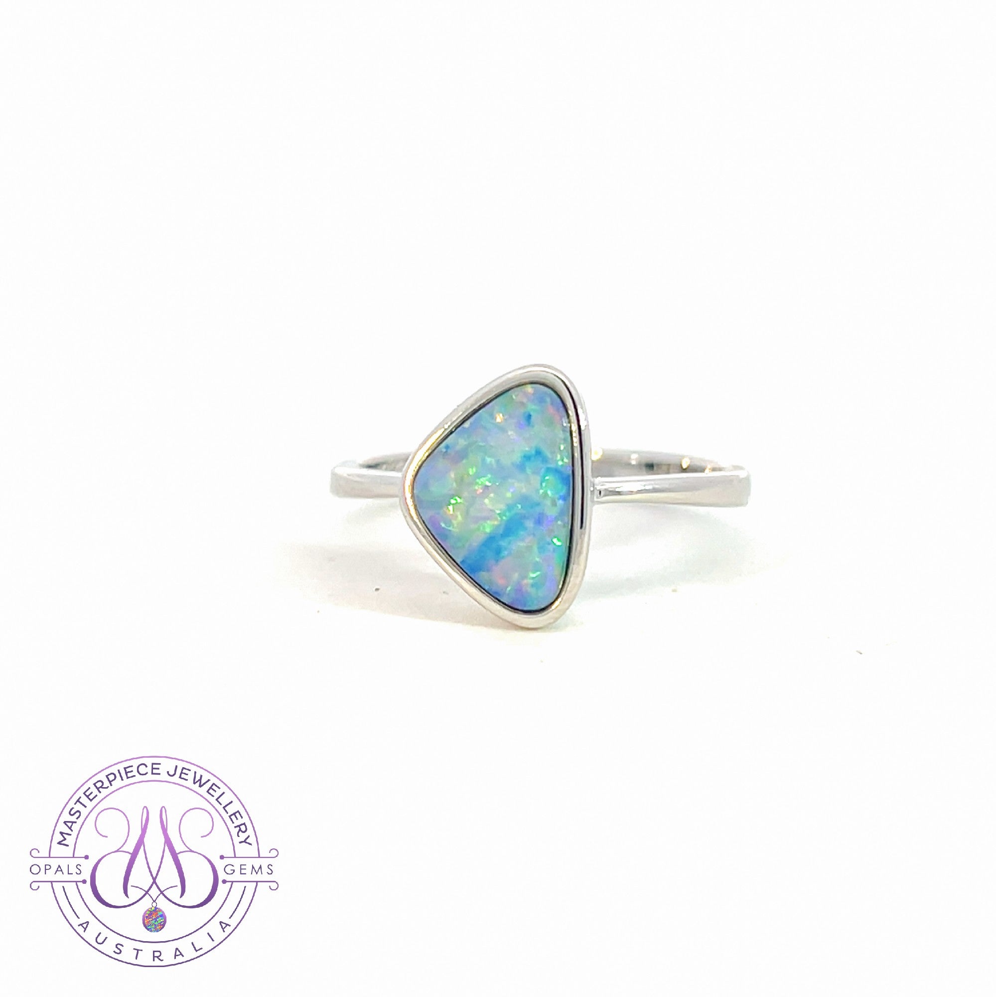 Sterling Silver Triangle Blue Green Yellow Opal doublet bezel set solitaire ring