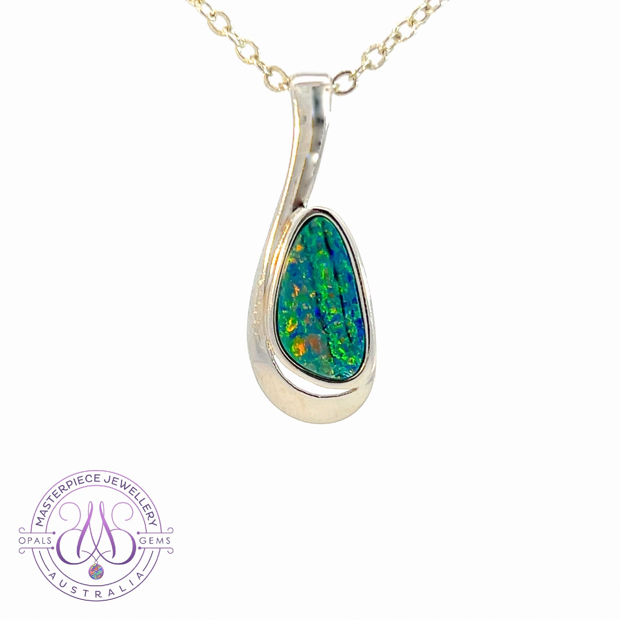 Sterling Silver drop shape opal doublet pendant Red Green