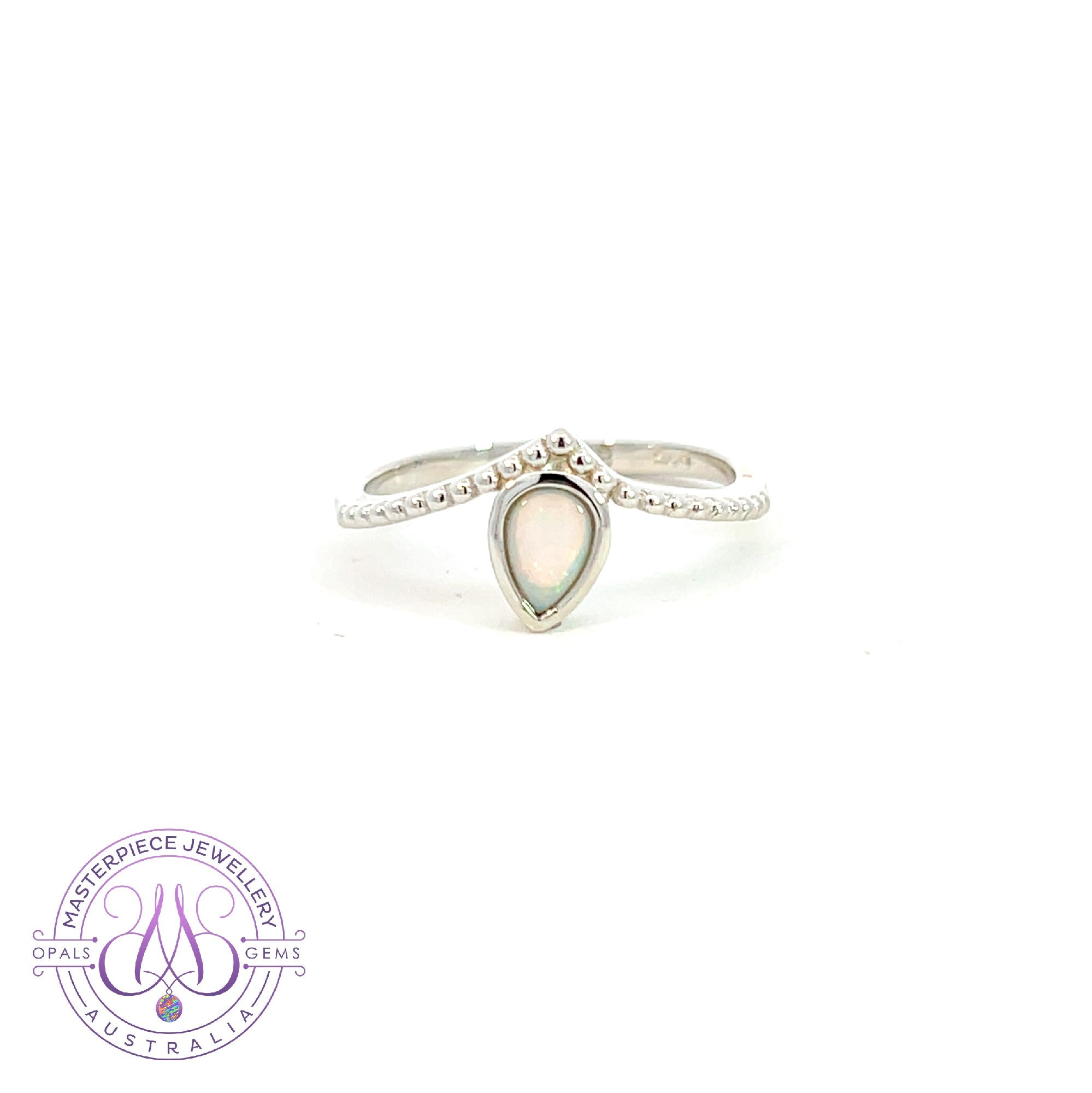 Sterling Silver V-shape rope design ring with Opal pear shape 6x4mm 