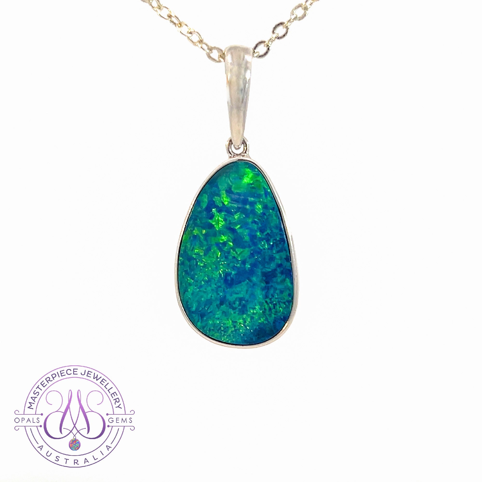 Sterling Silver Blue Green large Opal doublet pendant