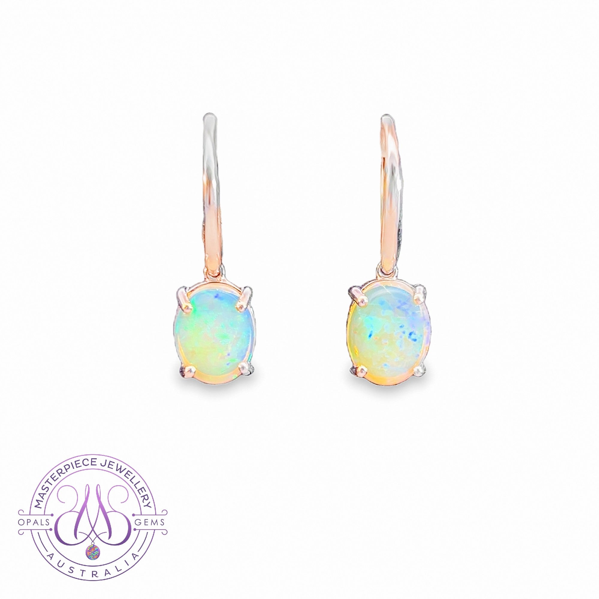 Sterling Silver 10x8mm Light Opal dangling Hook earrings claw set