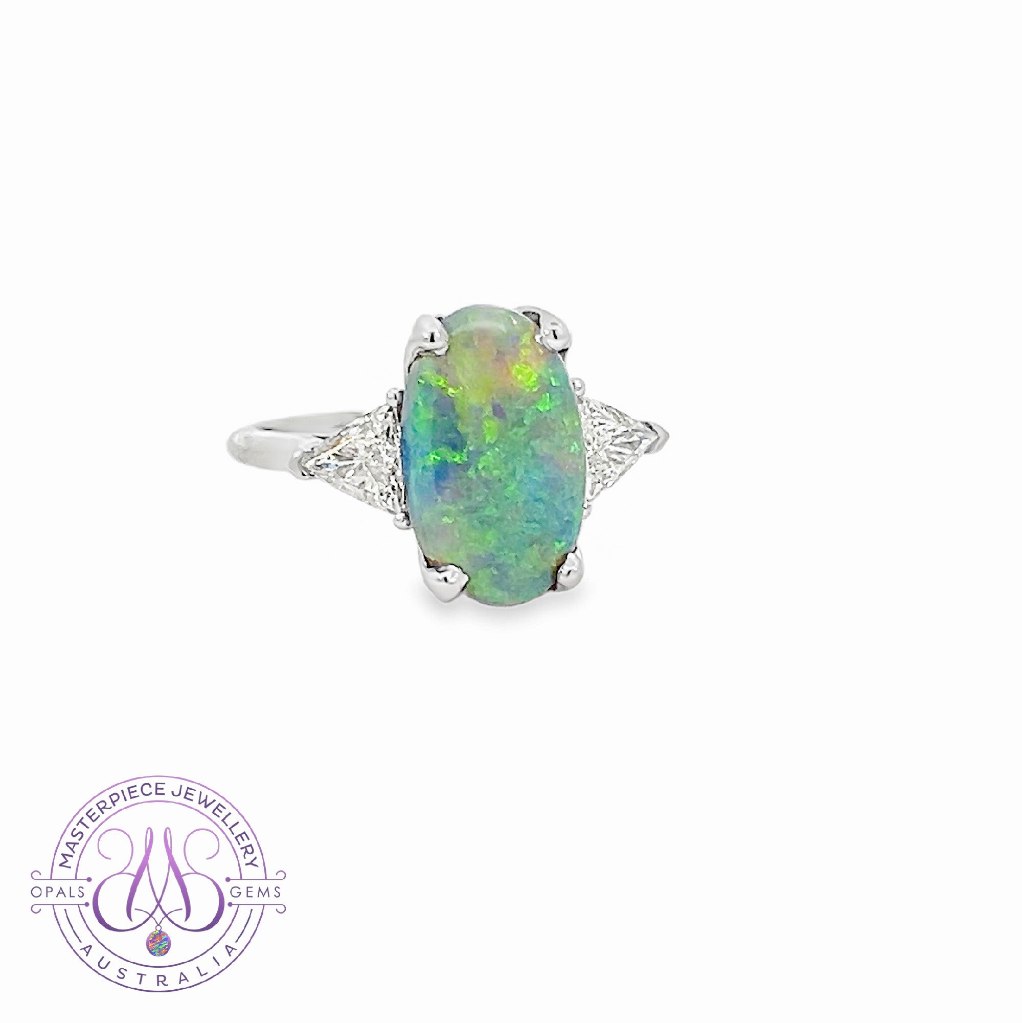 Platinum Black Opal and Trillion cut diamond 3 stone ring