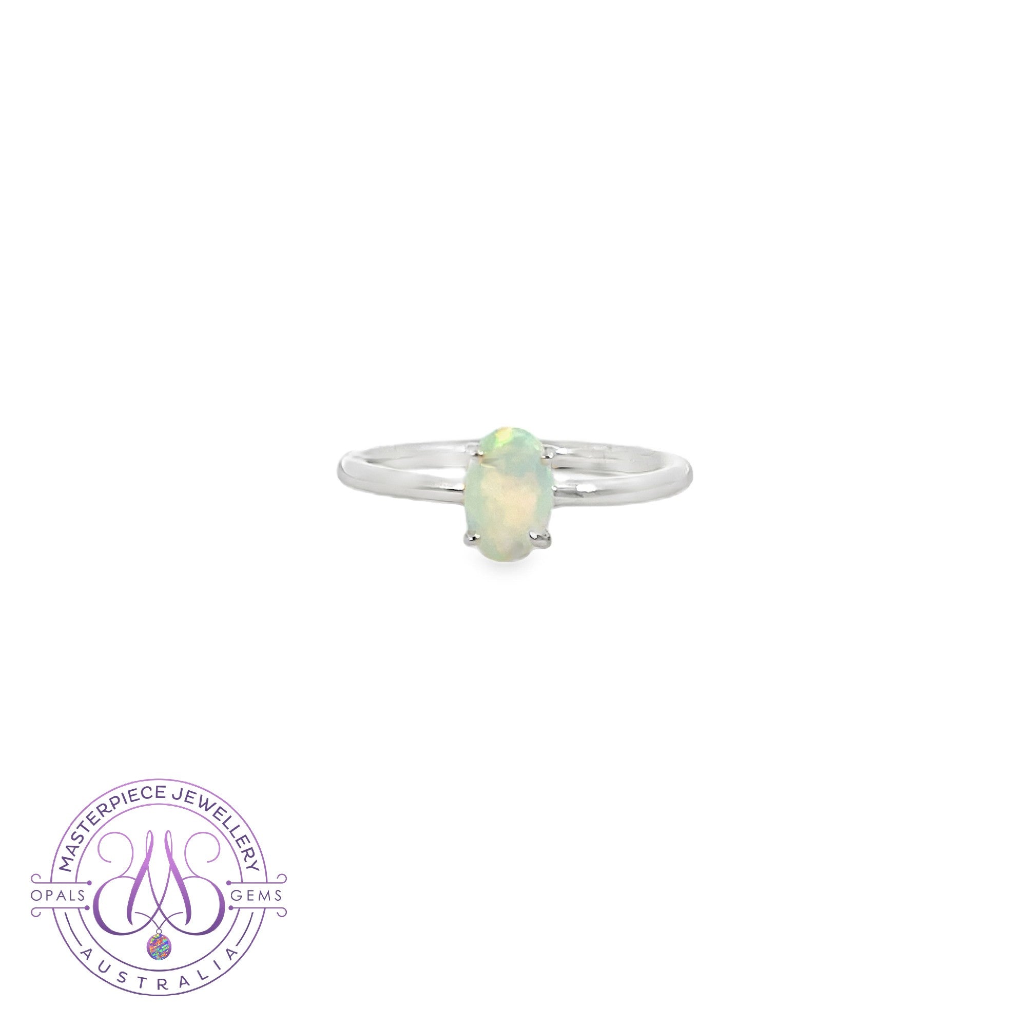 Sterling Silver Solitaire Oval White Opal 8x5mm claw set ring
