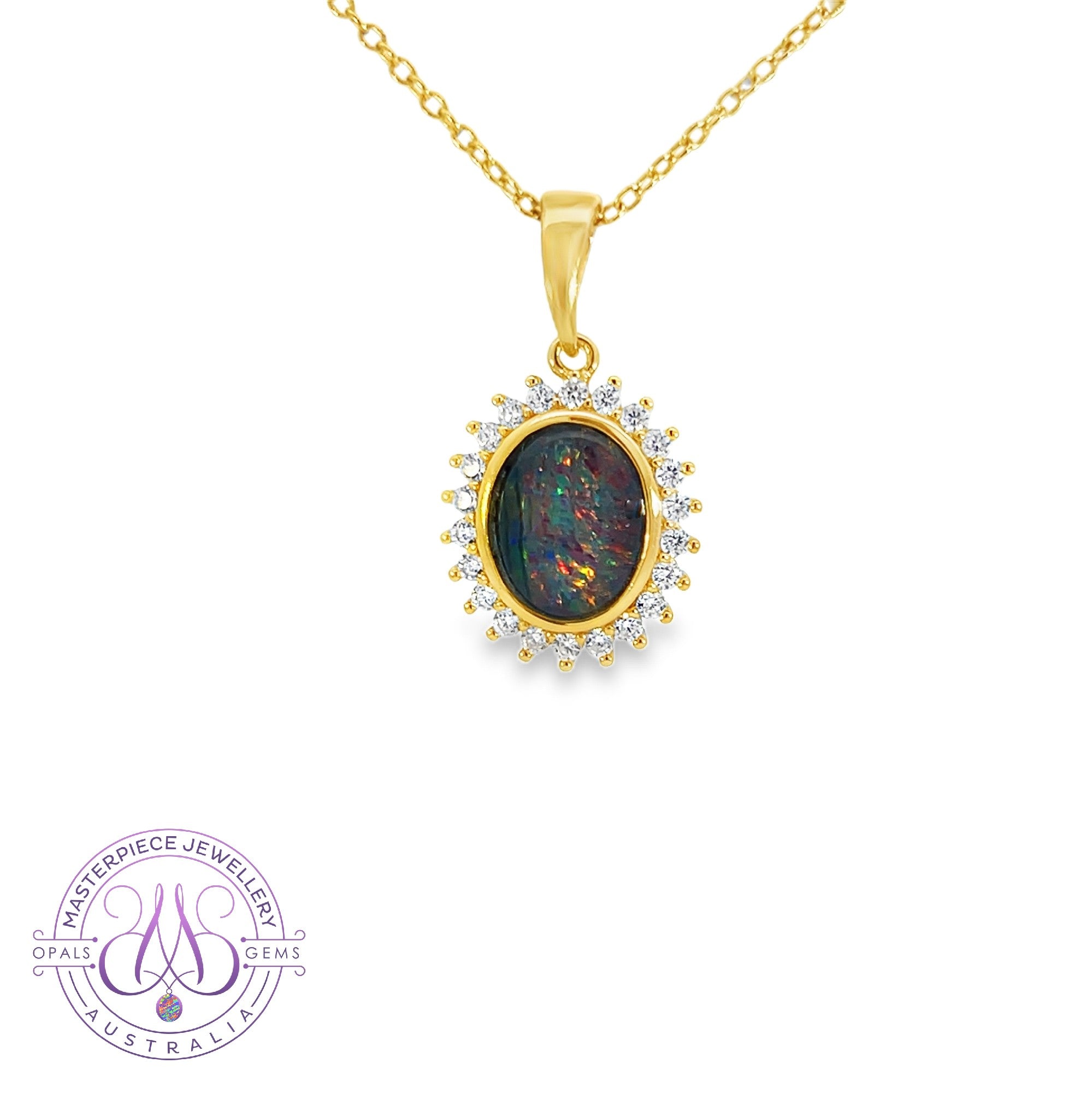 Gold Plated Silver bezel cluster 9x7mm Opal triplet pendant