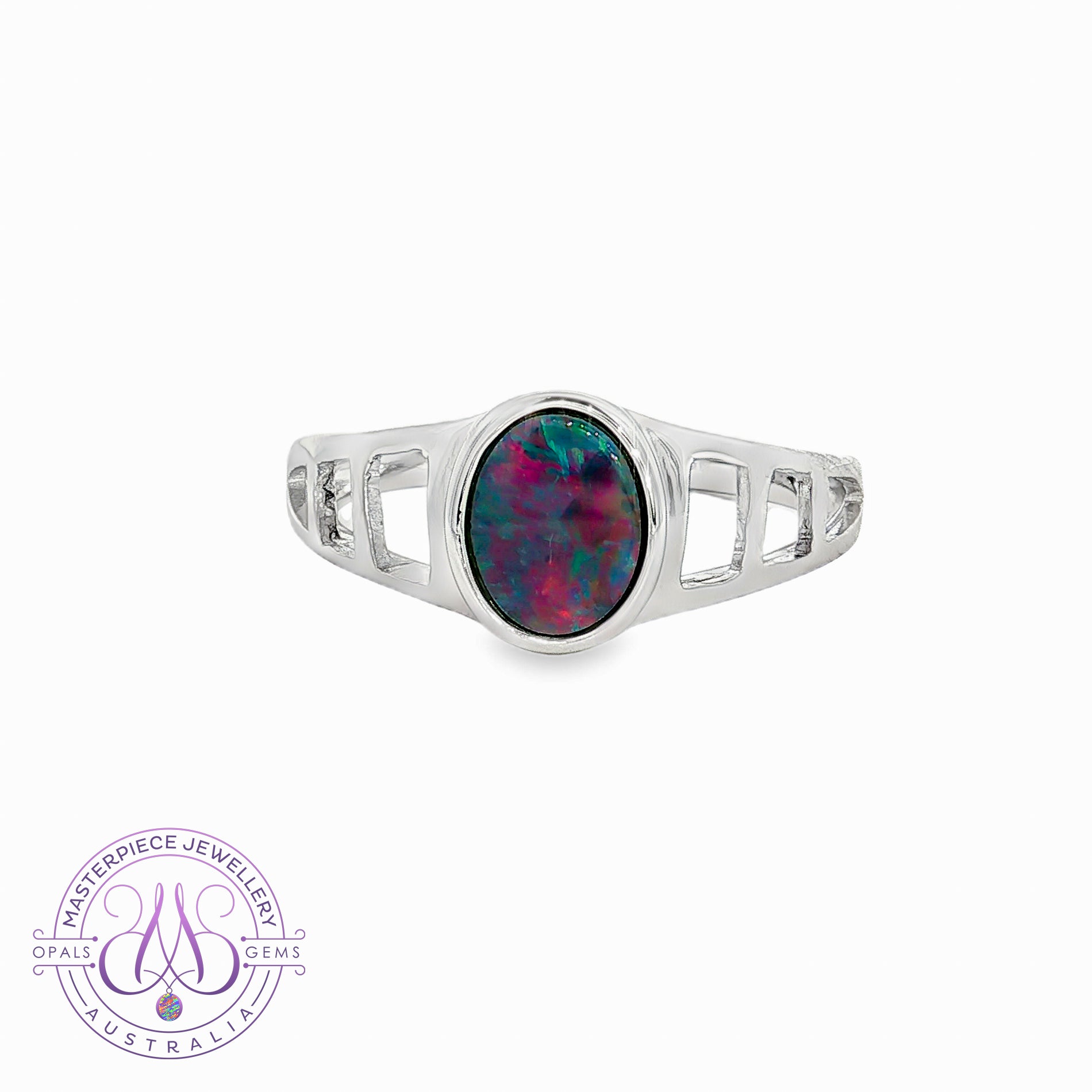 Sterling Silver cut out band Oval Opal doublet 9x7mm ring