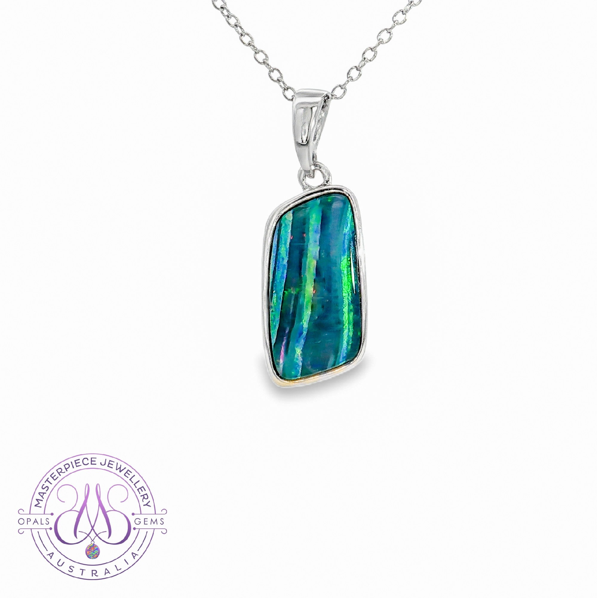 Sterling Silver rectangular Opal stripe pattern doublet pendant