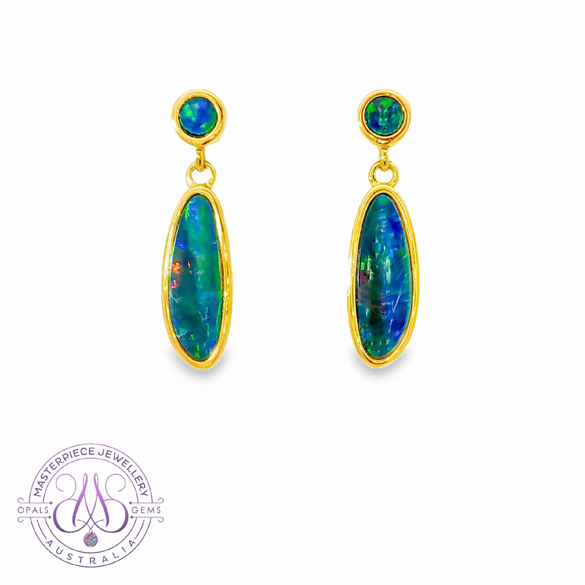 Gold Plated Silver dangling Freeform long Blue Green Yellow earrings