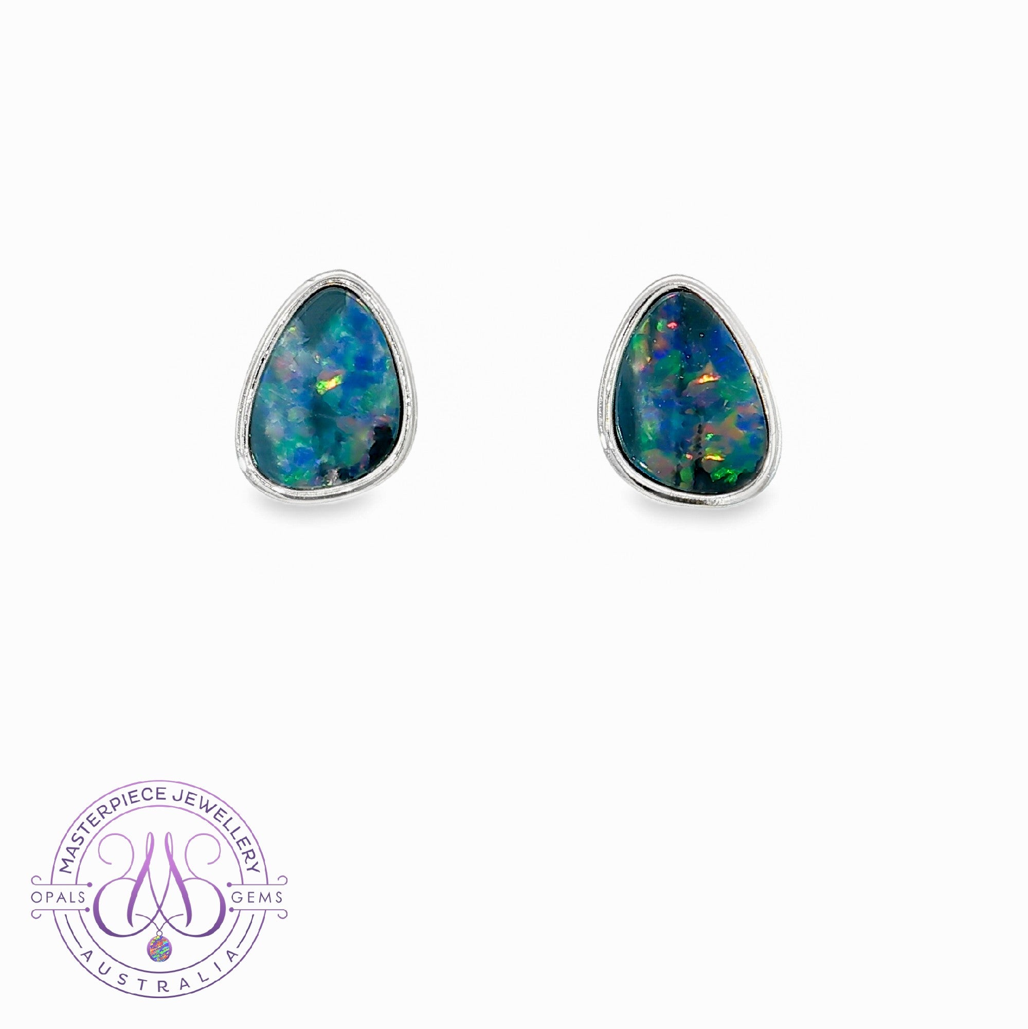 Sterling Silver Triangle freeform Opal Blue Red doublet studs