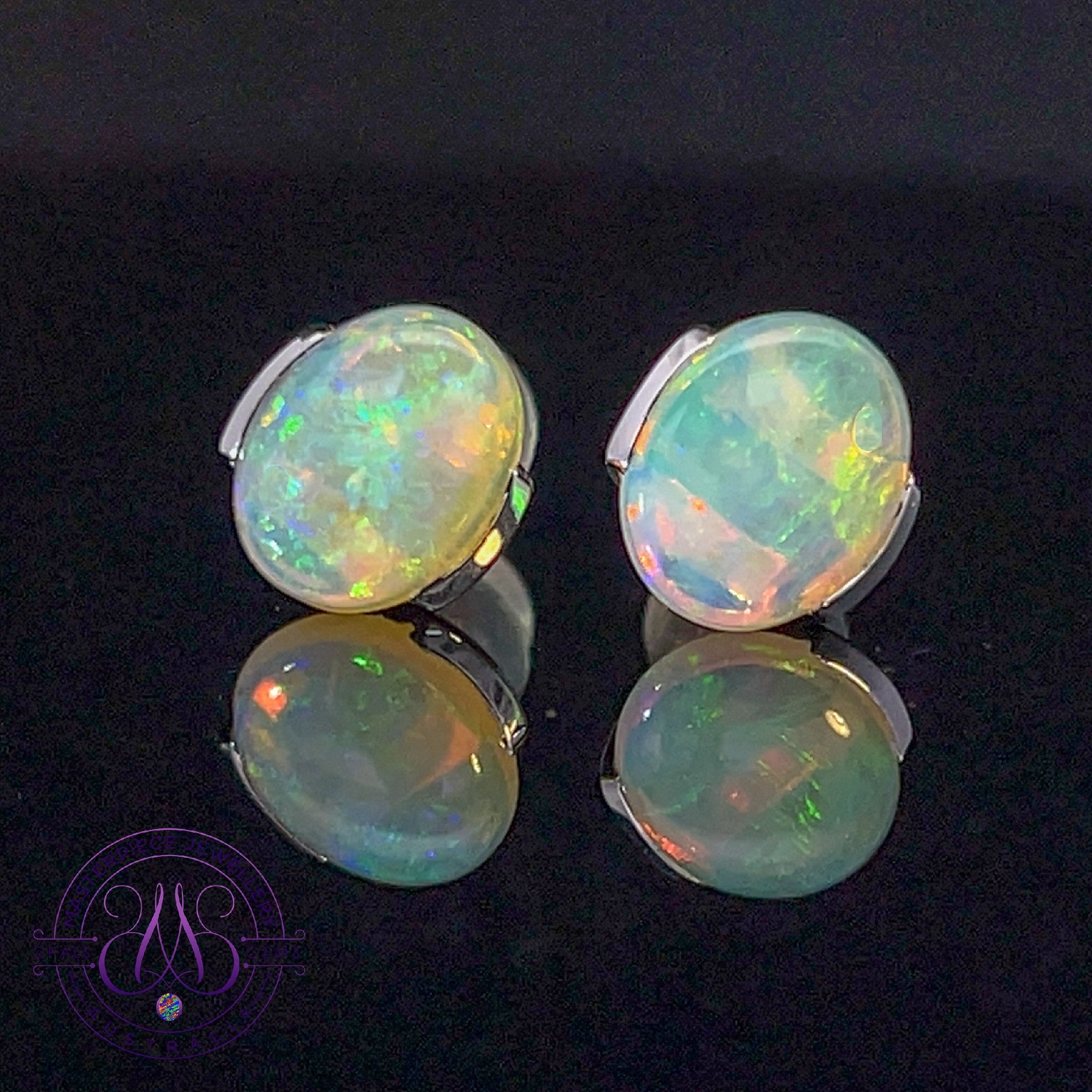 14kt White Gold Opal 10x8mm half bezel set studs