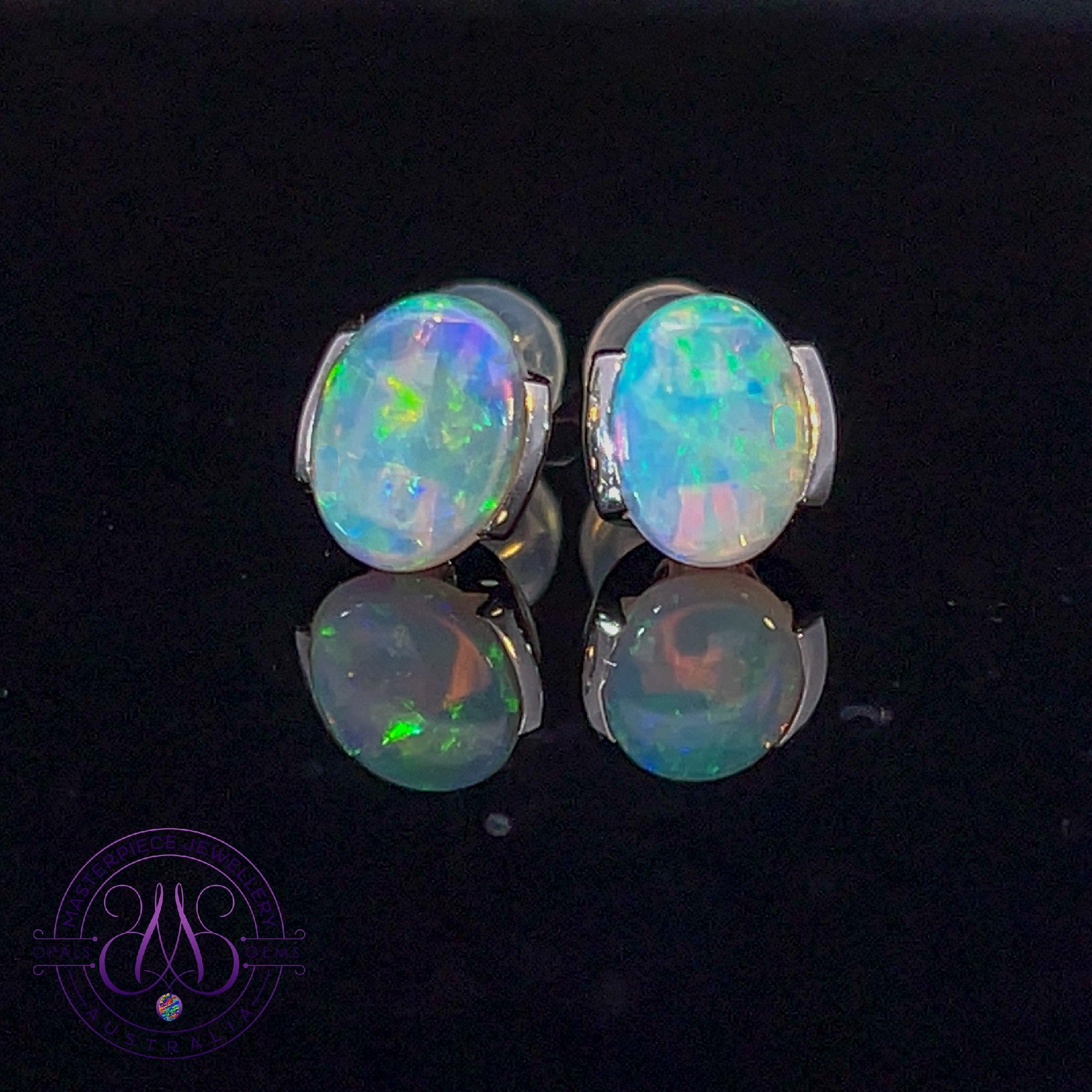 14kt White Gold 8x6mm Opal half bezel studs