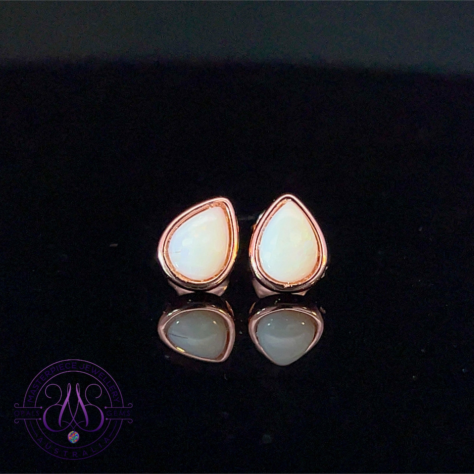 Rose Gold plated Silver 8x5mm White Opal bezel set studs