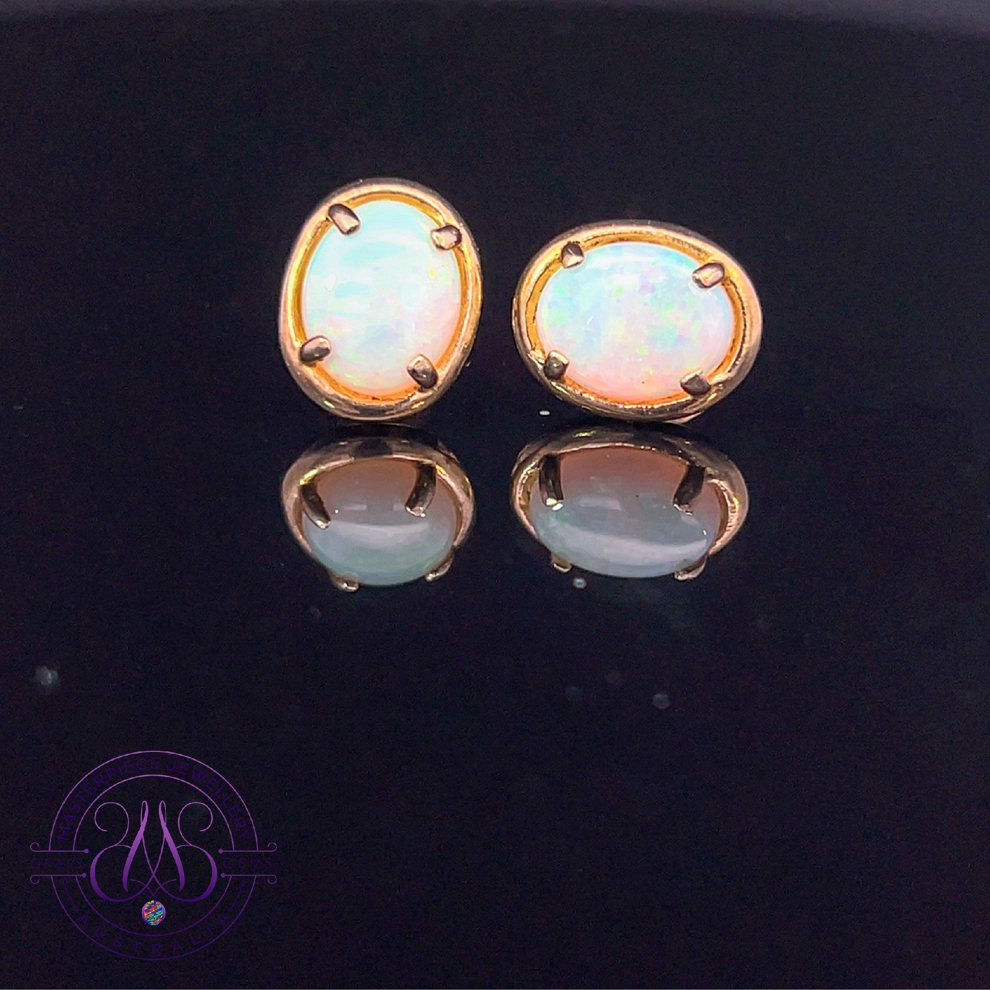 Gold plated Sterling Silver White Opal 10x8mm studs claw set with bezel design studs