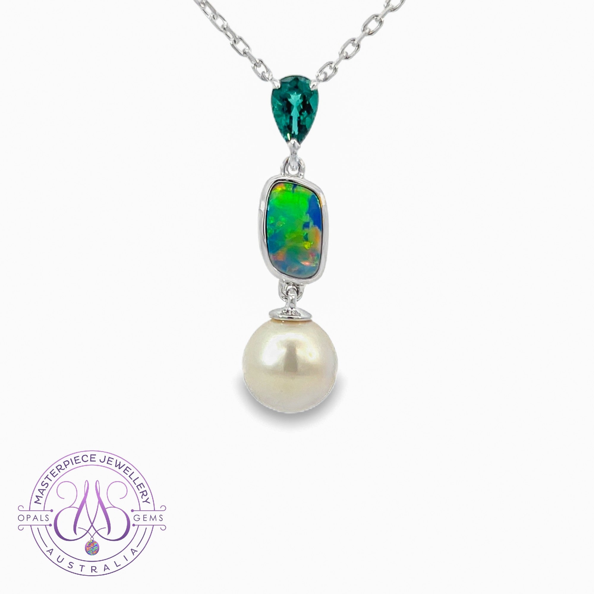 14kt White Gold drop style South Sea Pearl 8.5mm, Opal doublet and Tourmaline necklace
