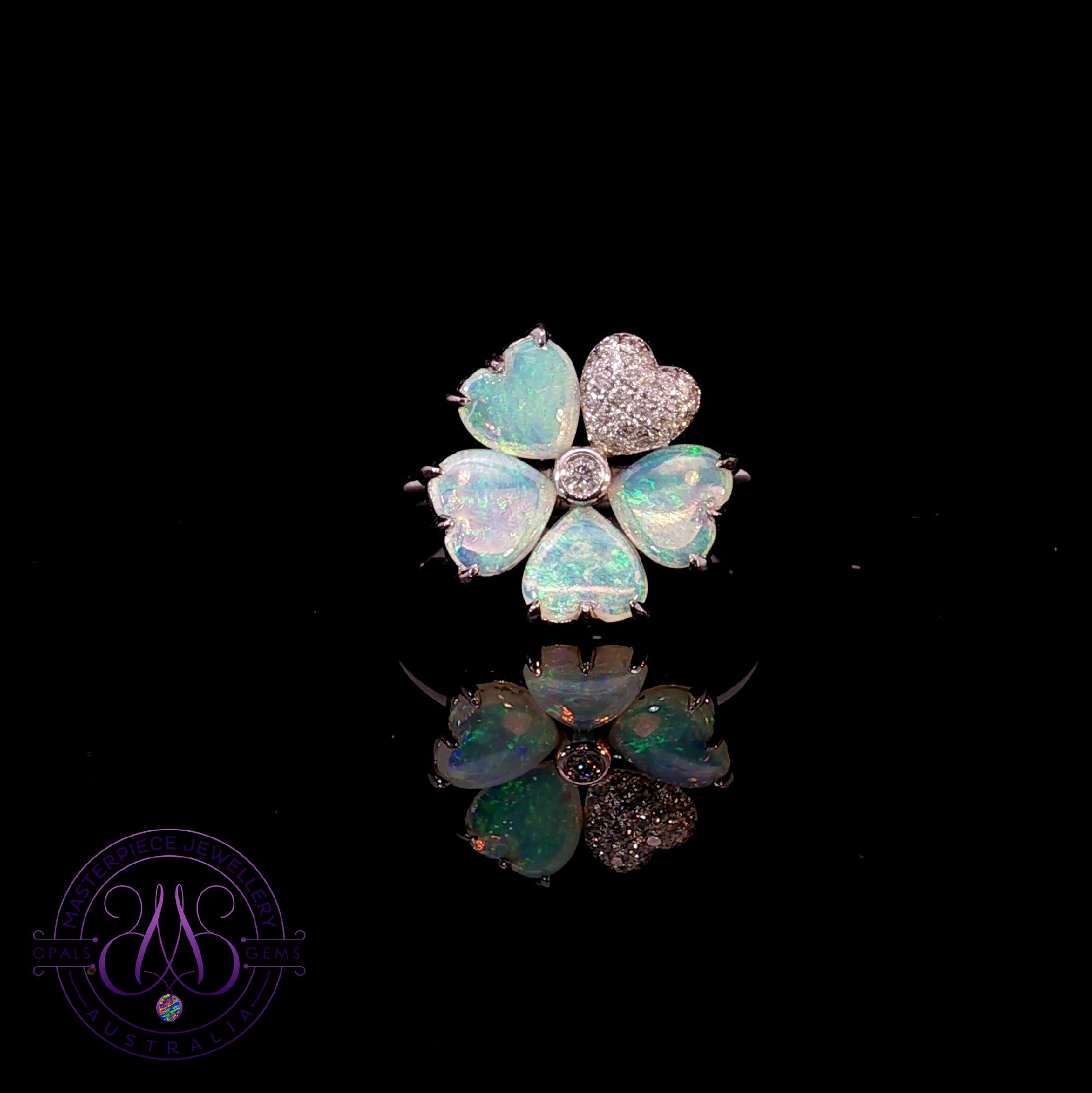 14kt White Gold Flower design ring Crystal Opal and Diamonds 