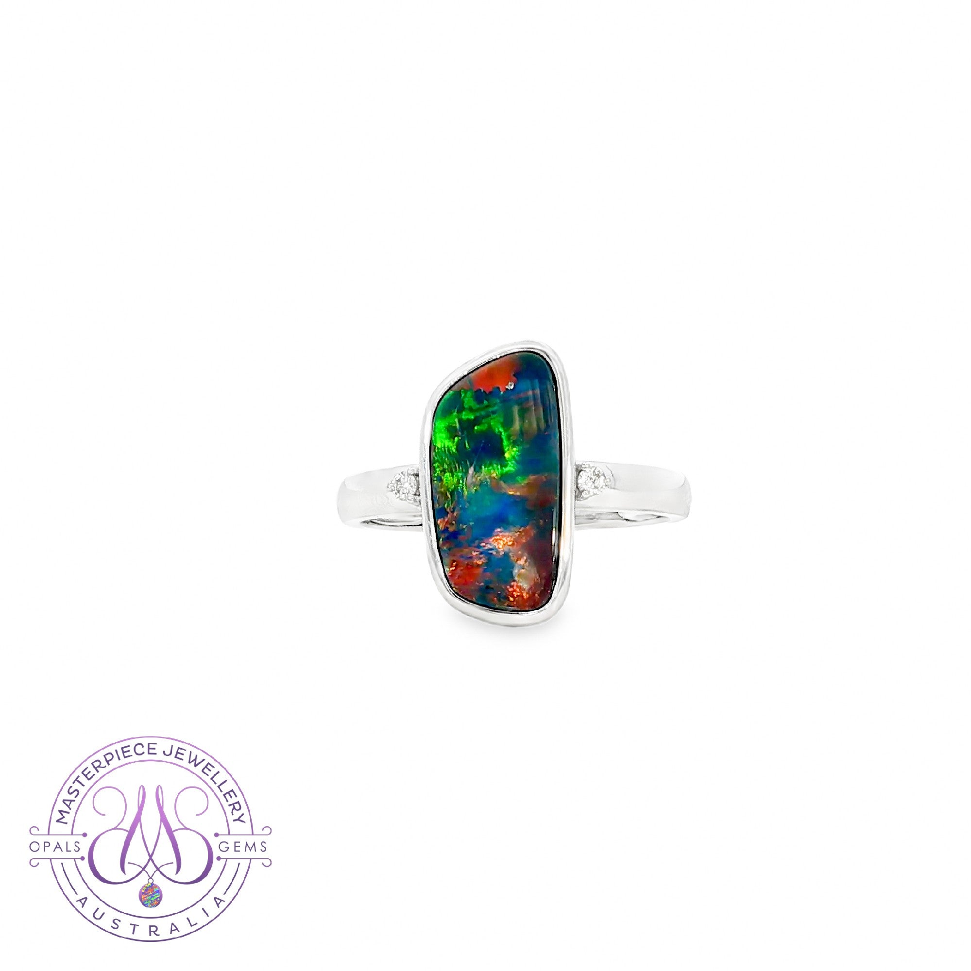 14kt White Gold Red Blue Opal doublet and diamond ring
