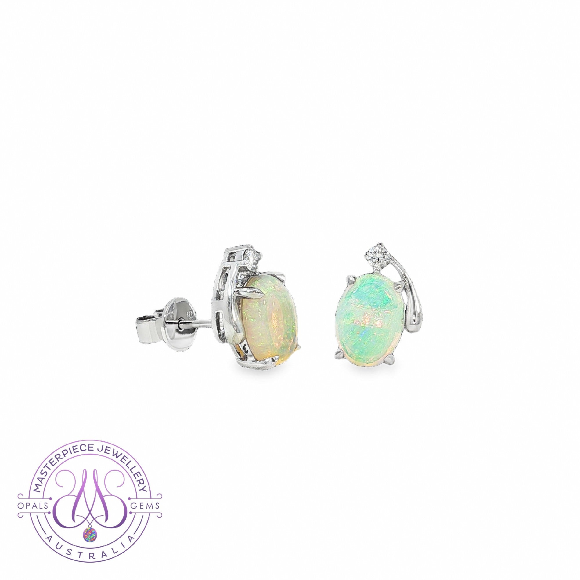 18kt White Gold Crystal Opal 8x6mm and diamond studs