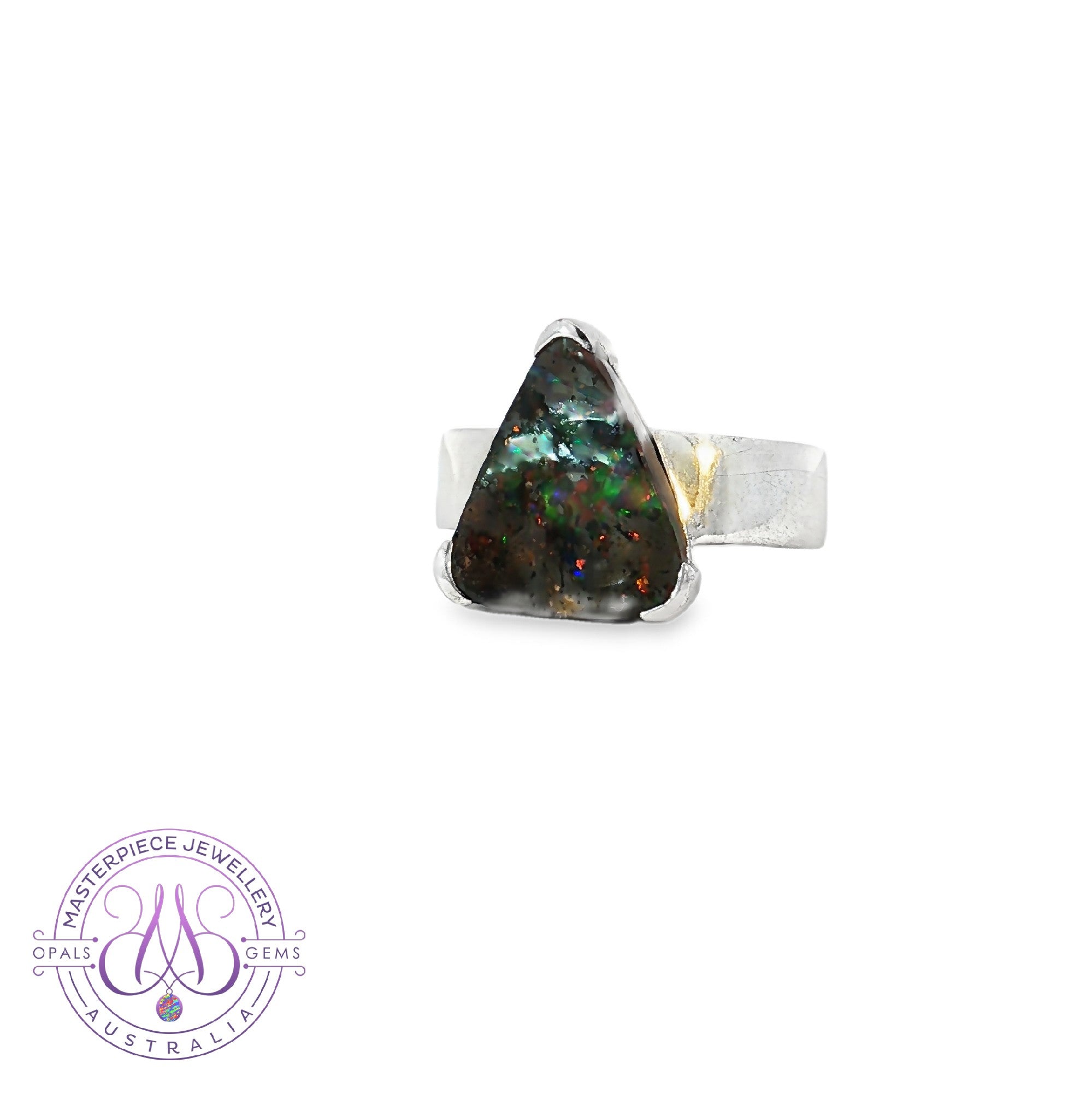 Sterling Silver Triangle shape Boulder Opal cla set ring
