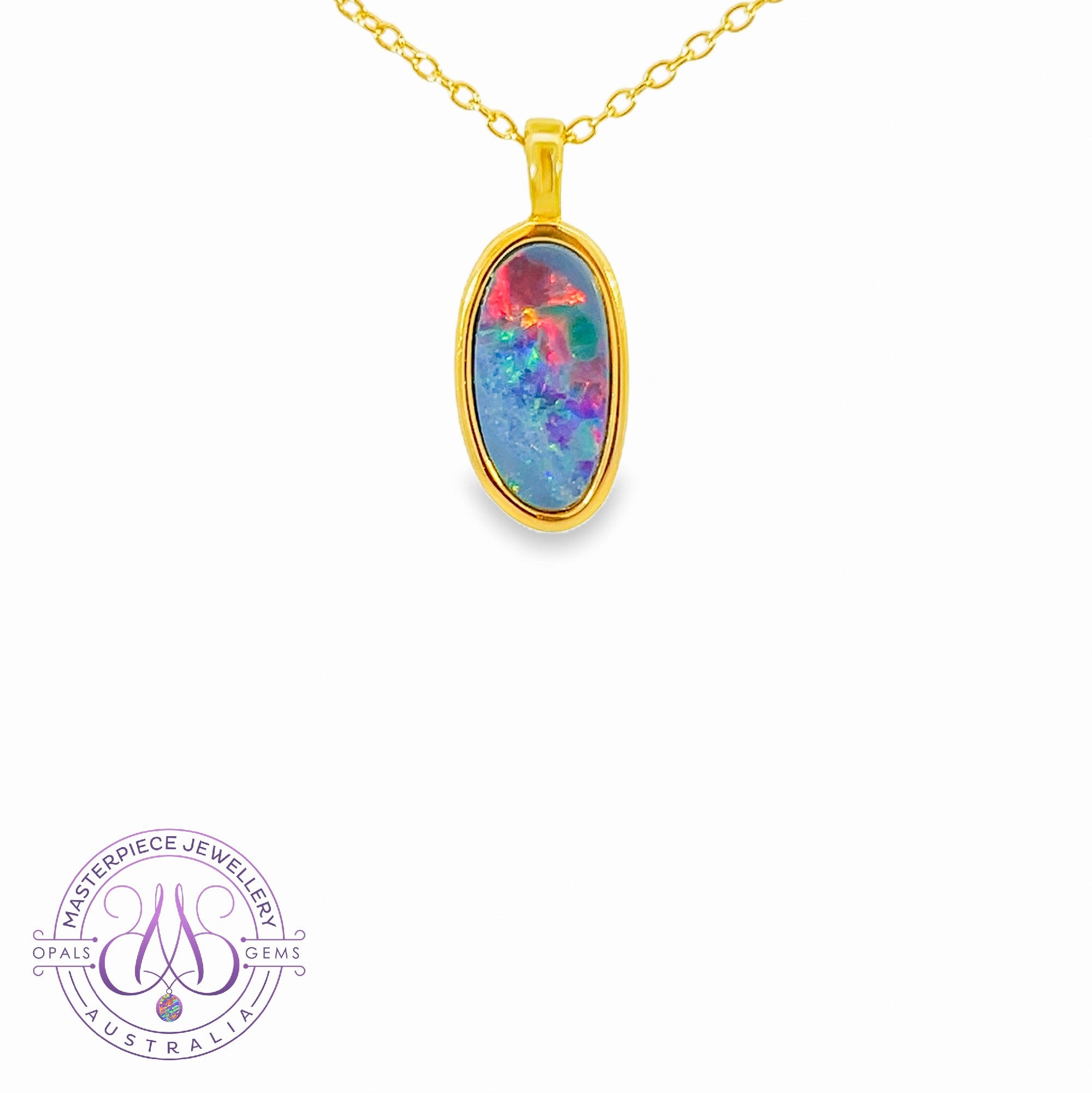 Gold Plated Silver Red Blue Opal doublet 13x7mm pendant