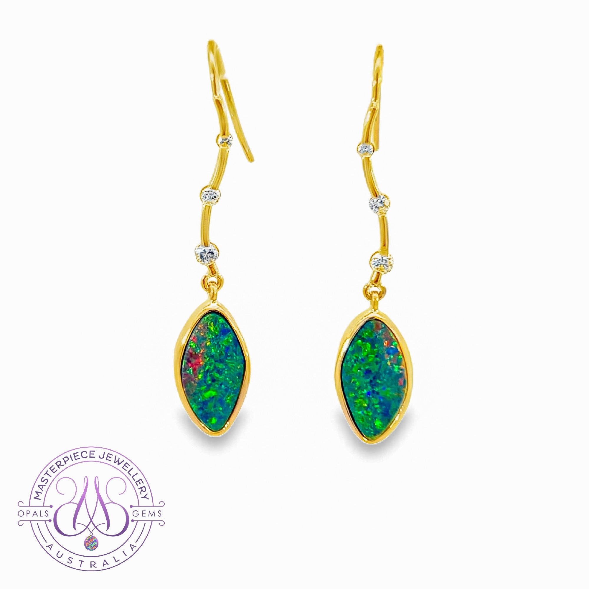 14kt Yellow Gold dangling wave earrings Opal doublet set