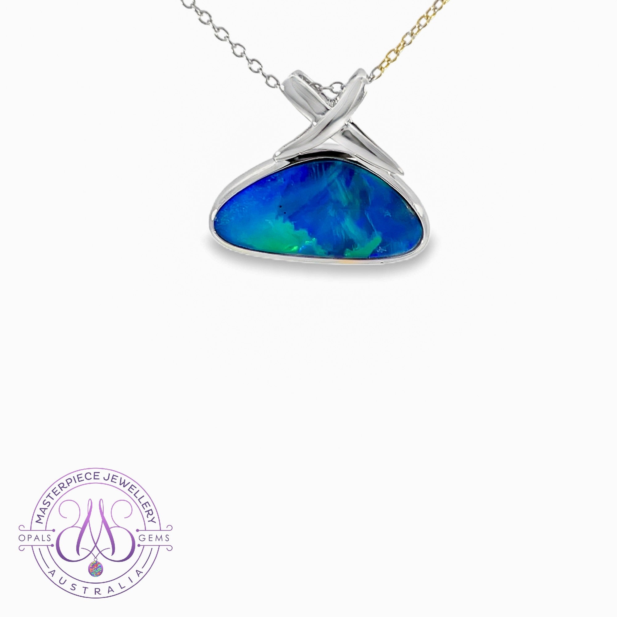 14kt White Gold Blue Green Opal doublet 4.45ct Pendant