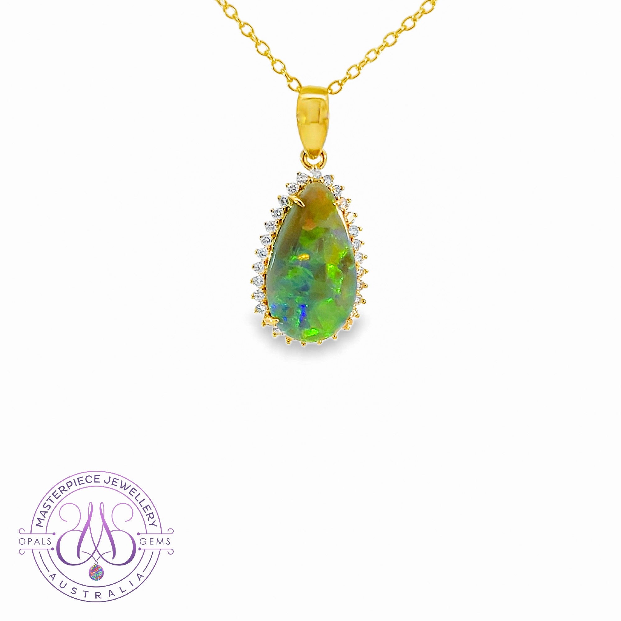 18kt Yellow Gold Black Opal pearshape 2.05ct diamond pendant