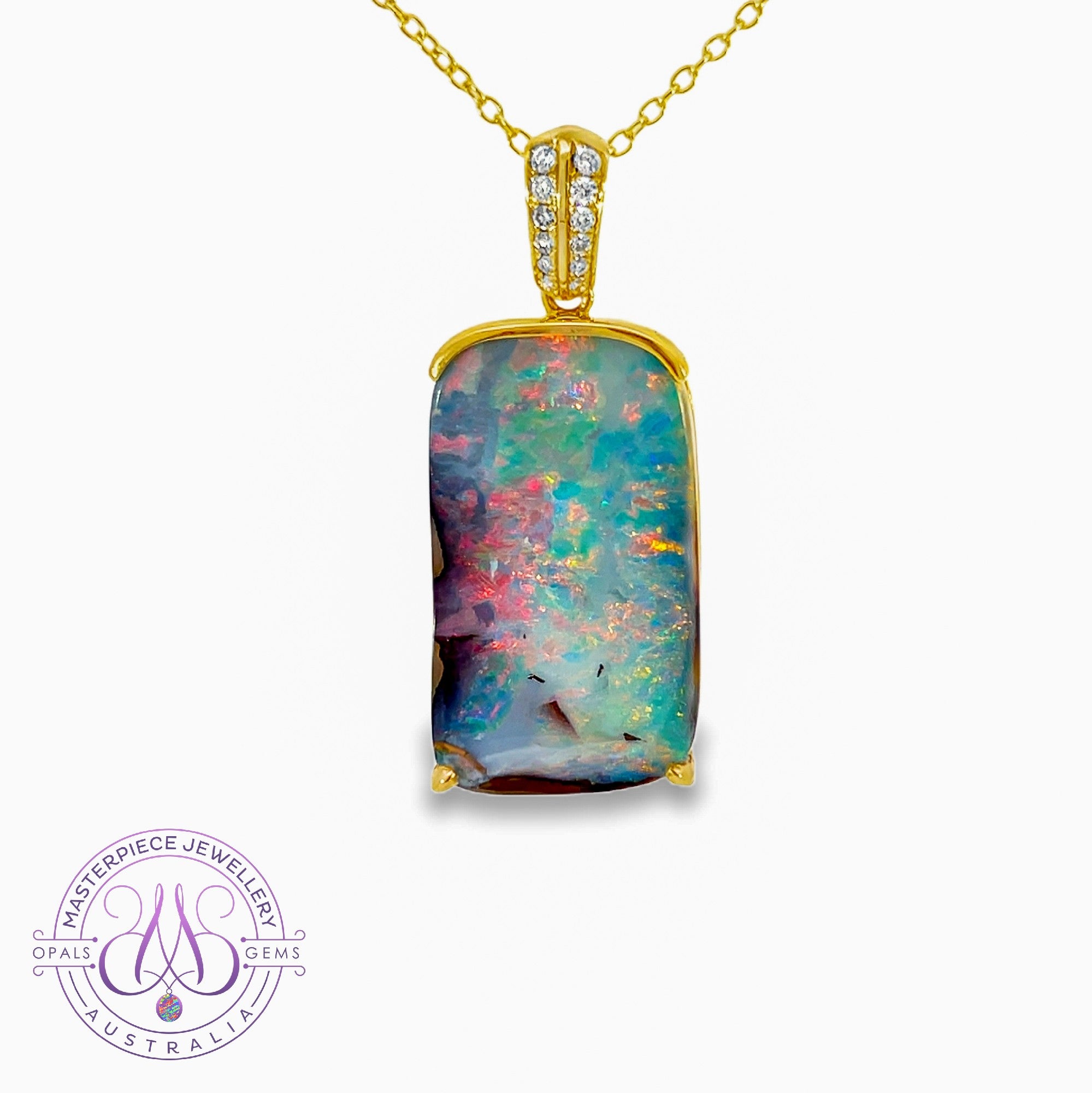 14kt Yellow Gold Boulder Opal 16.06ct rectangular pendant
