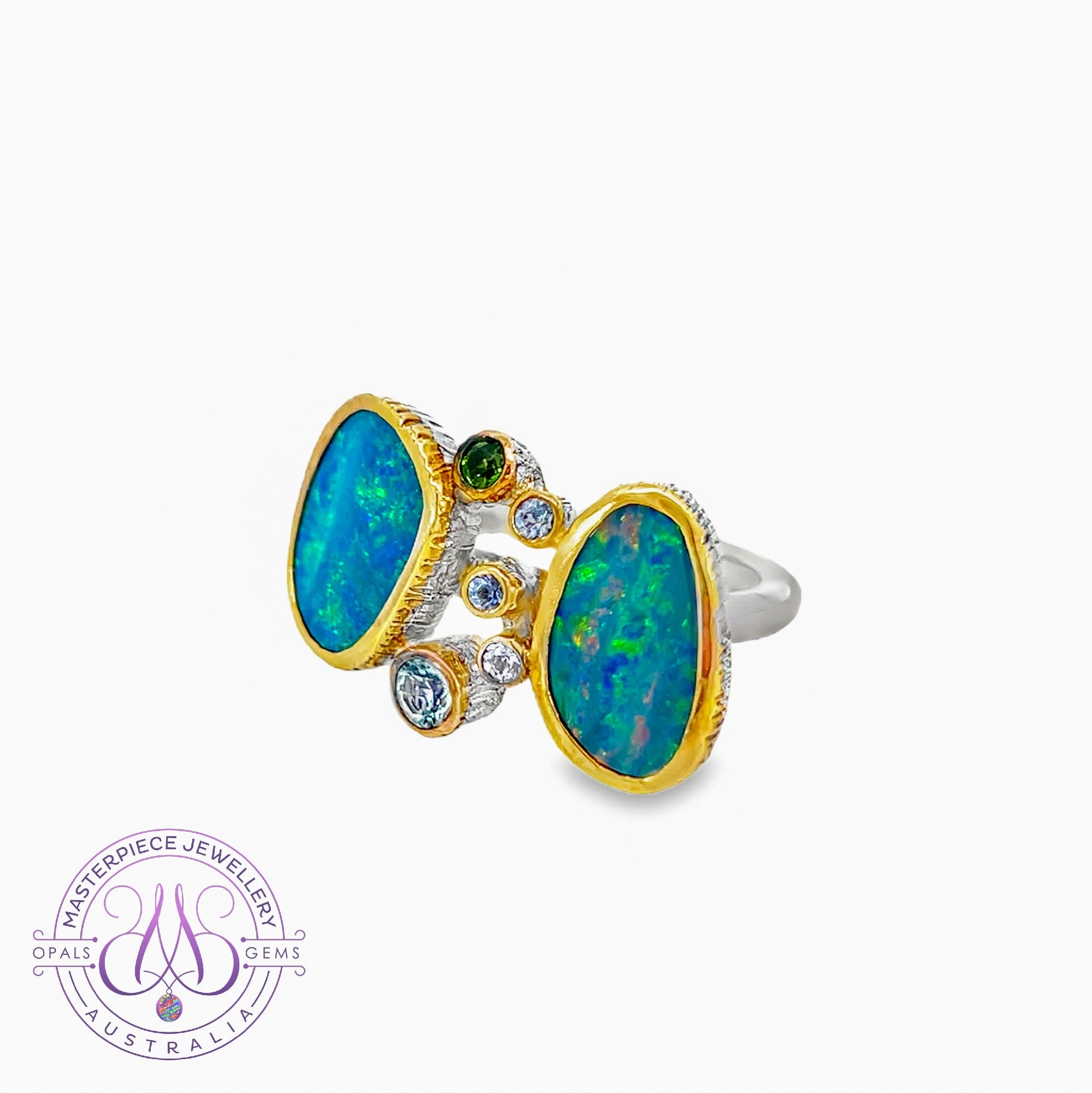 Sterling Silver Two tone split ring design Opal doublet and colour gems