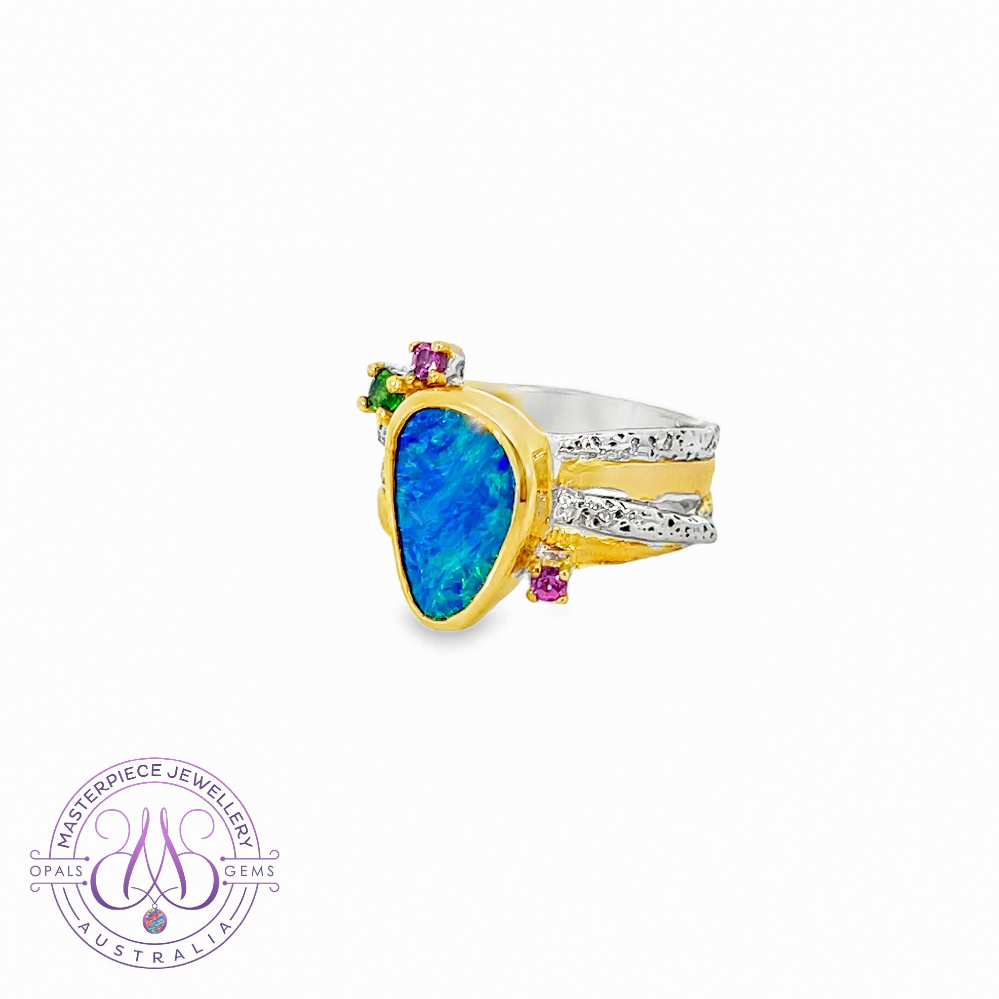 Sterling Silver and gold plated reef design Opal doublet 2.11ct and colour gem ring