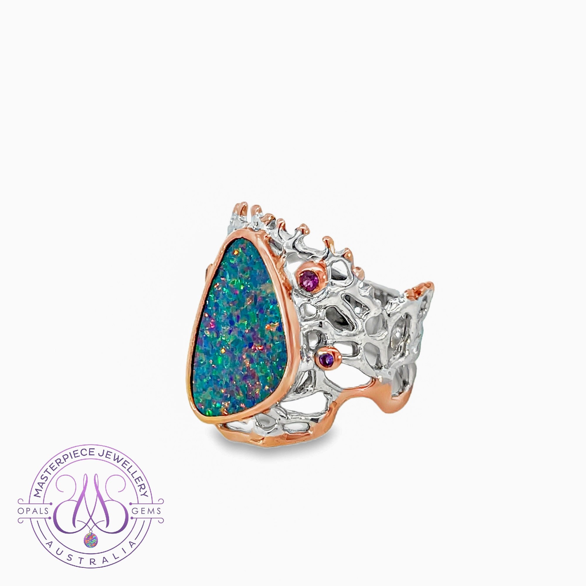 Sterling Silver Two Tone Rose reef design broad Opal doublet 3.86ct ring