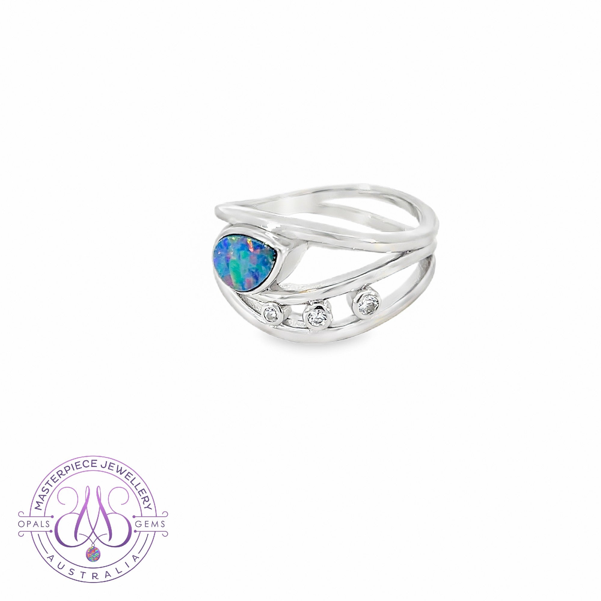 Sterling Silver wave design Opal doublet 0.56ct and cz ring design 3 row