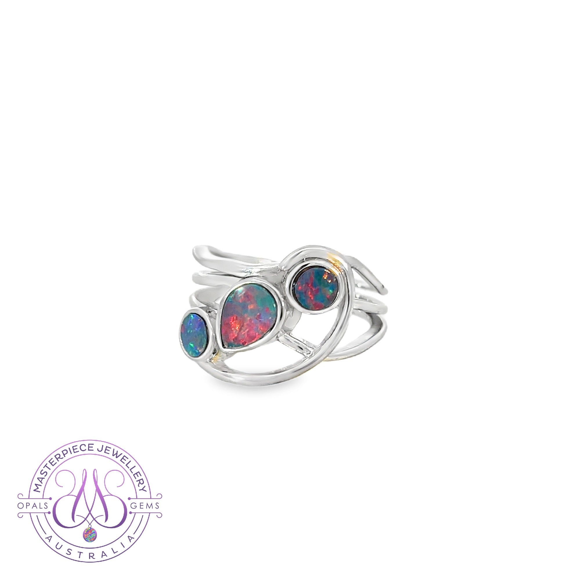 Sterling Silver wave band with 3 freeform opal doublets