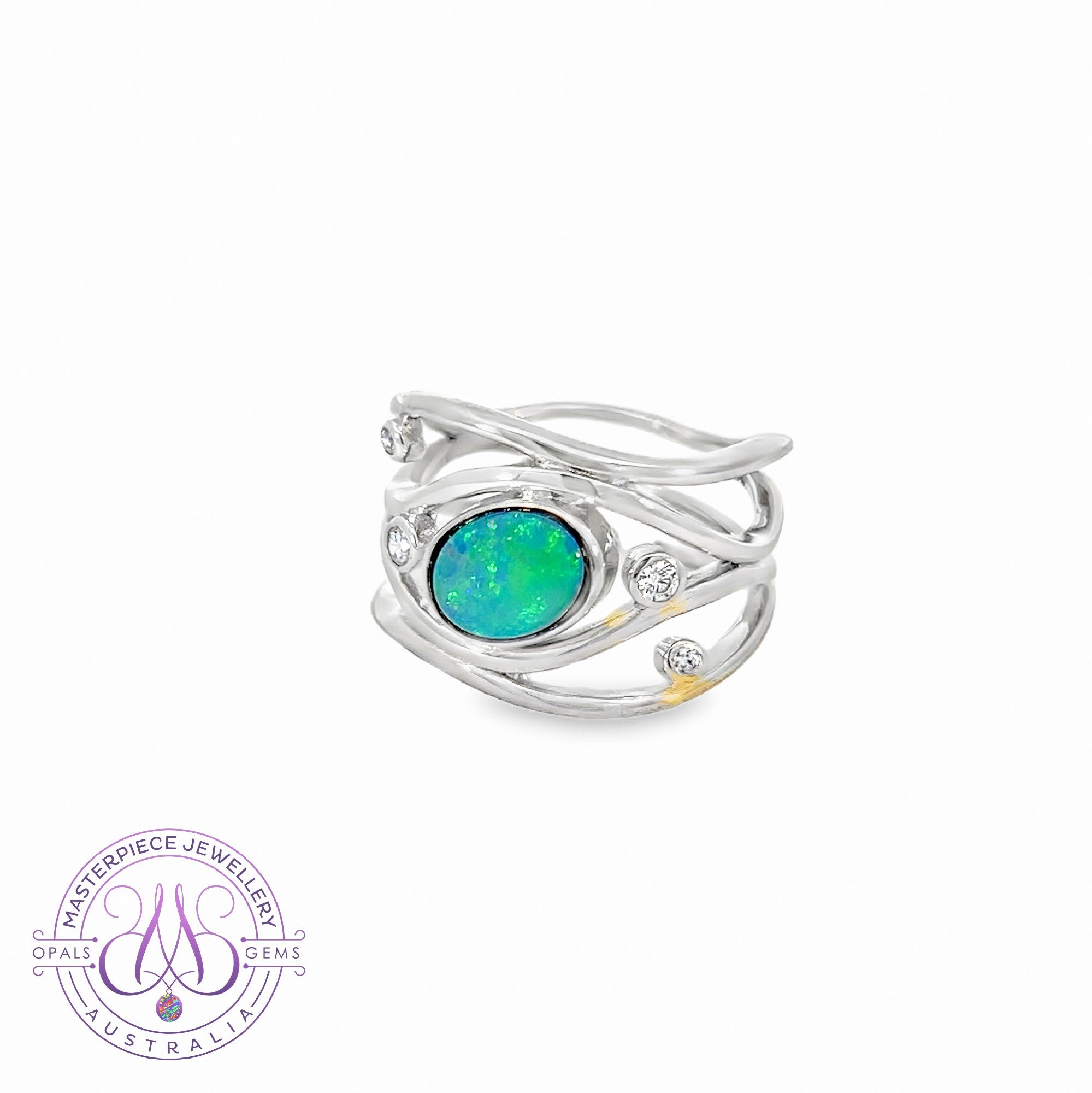 Sterling Silver wave 4 band pattern green flash opal doublet ring
