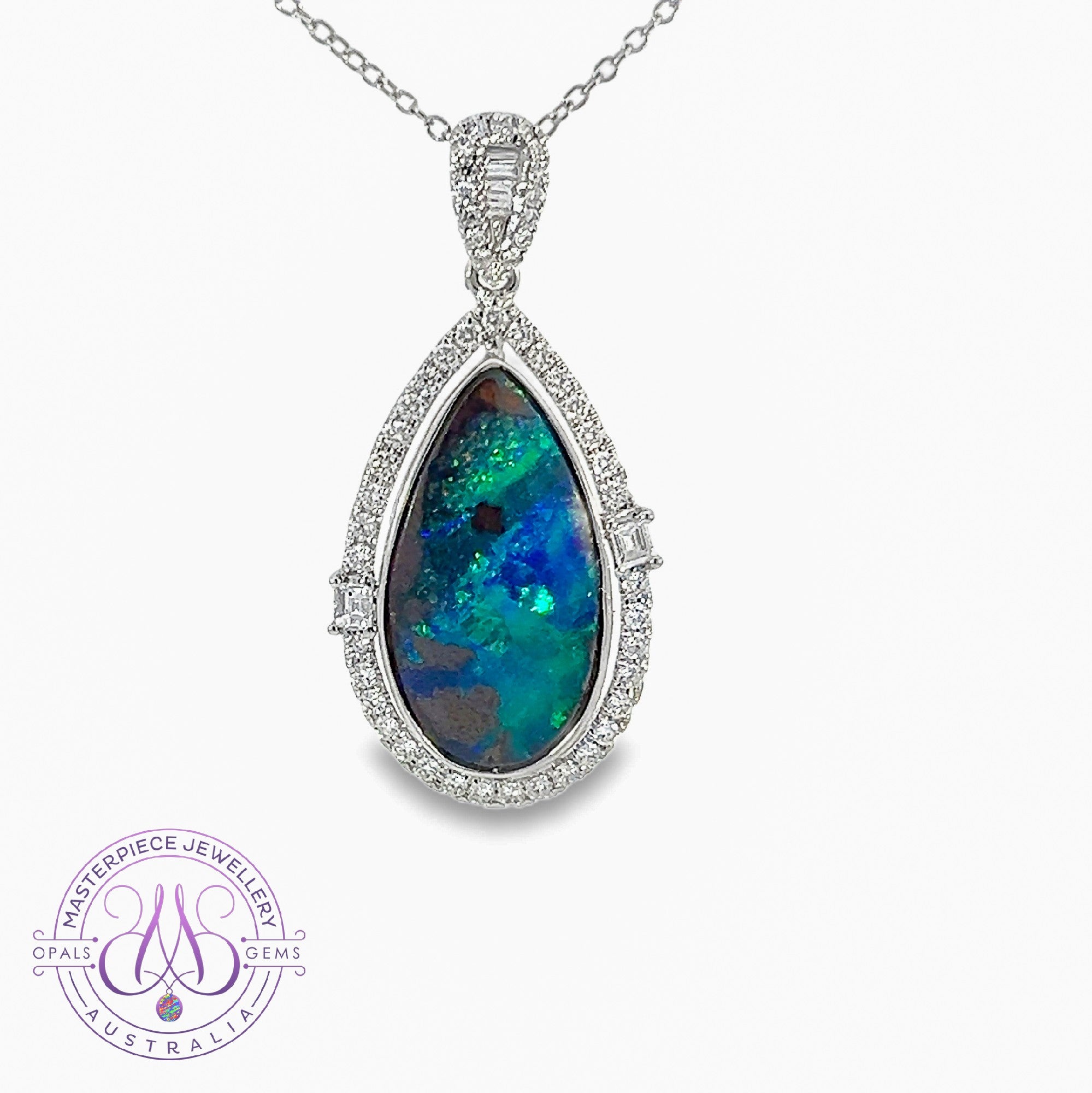 18kt White Gold Boulder Opal 7.45ct and diamond 0.58ct pendant