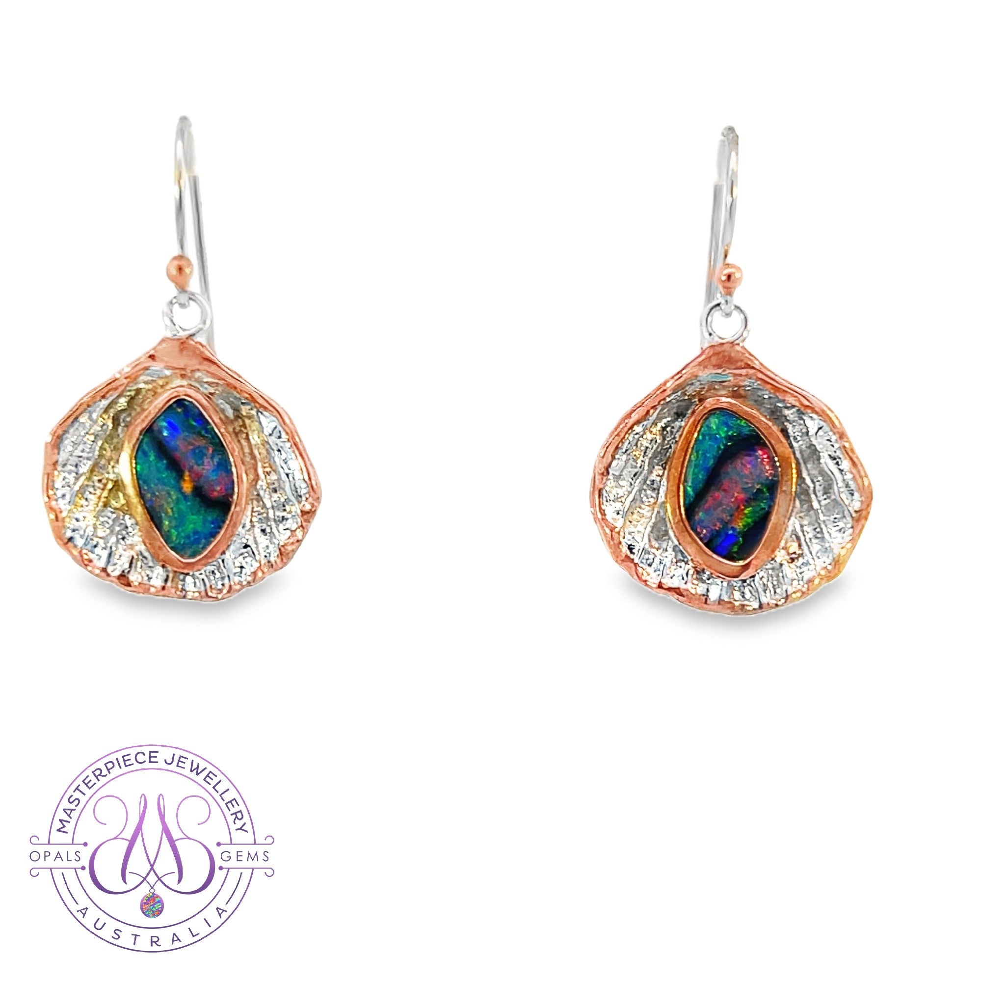 Sterlign Silver Two tone rose gold plated Reef design sea shell Doublet Opal earrings dangling