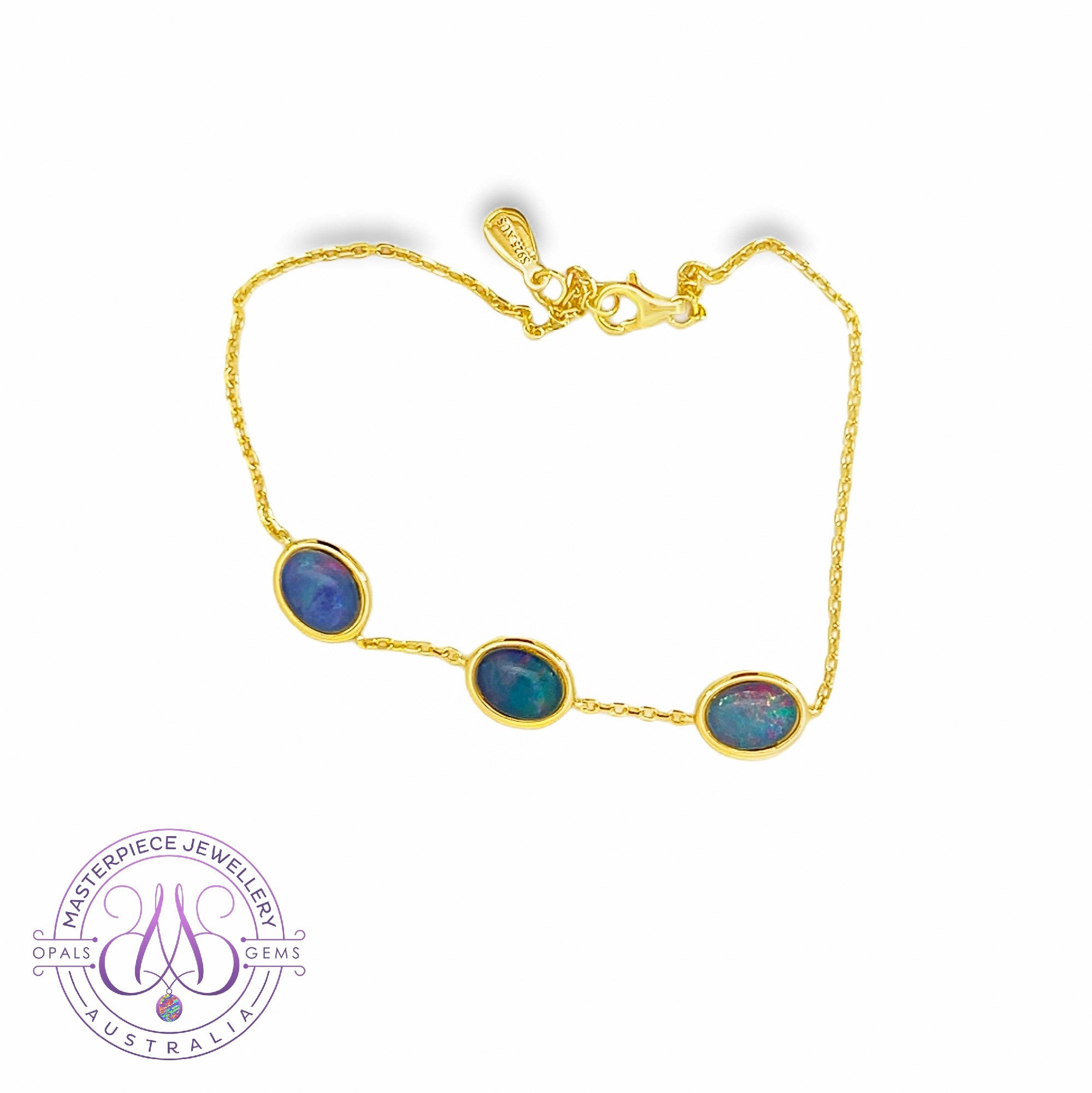 Gold Plated Silver 8x6mm Opal triplet bracelet 3 spaced