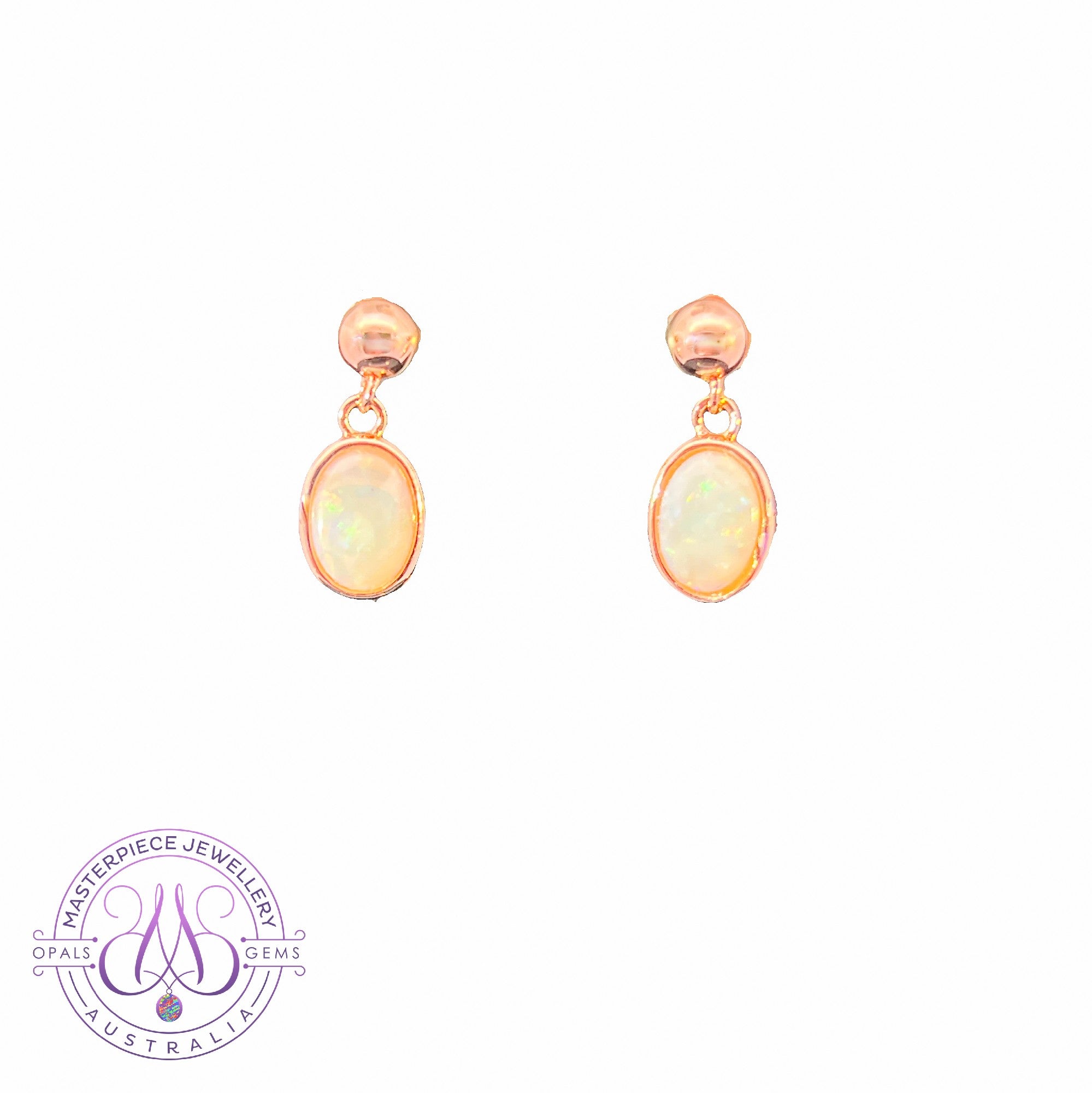 Rose Gold Plated Silver short dangling 8x6mm White Opal earrings