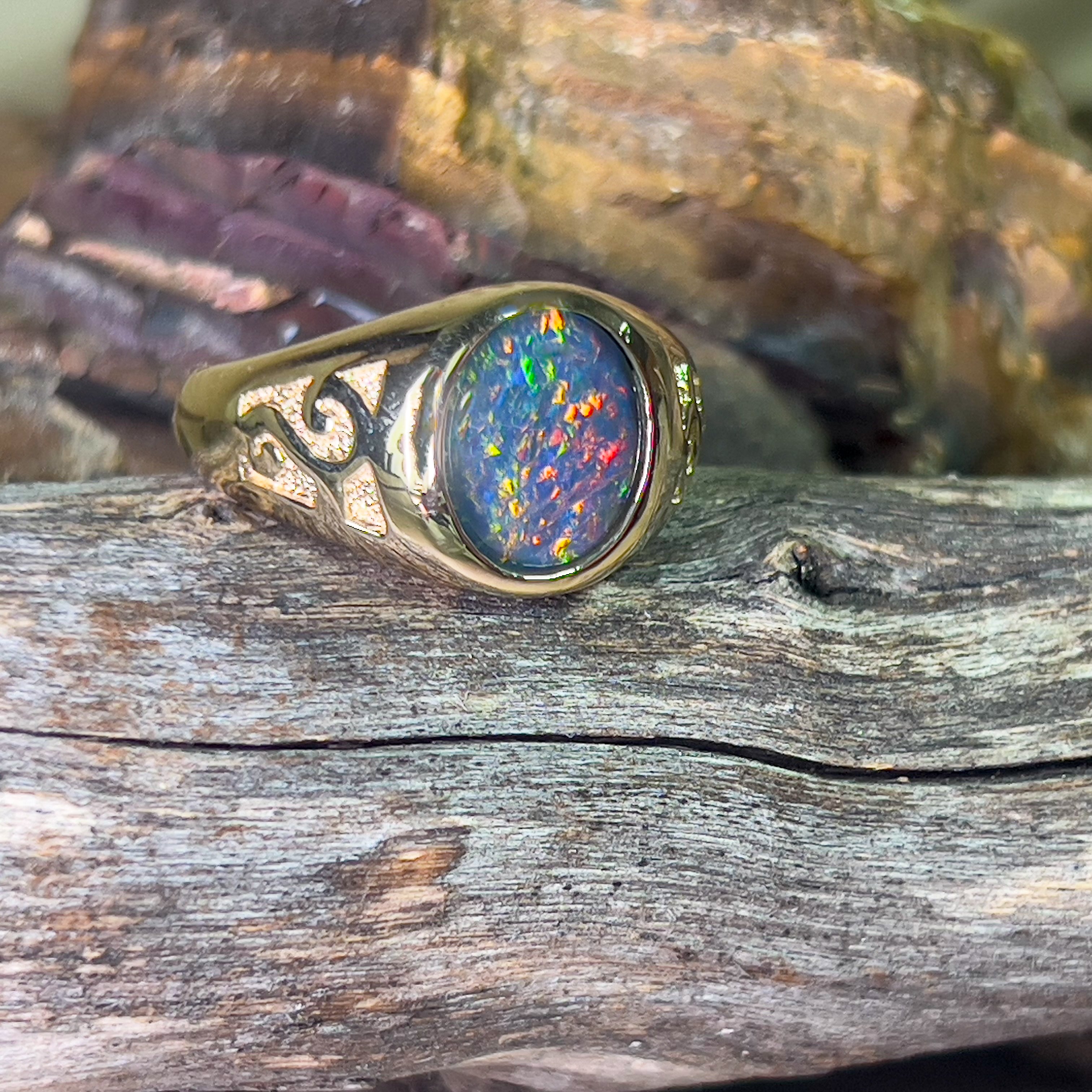 9kt Yellow Gold 12x10mm Opal triplet signet patterned ring - Masterpiece Jewellery Opal & Gems Sydney Australia | Online Shop