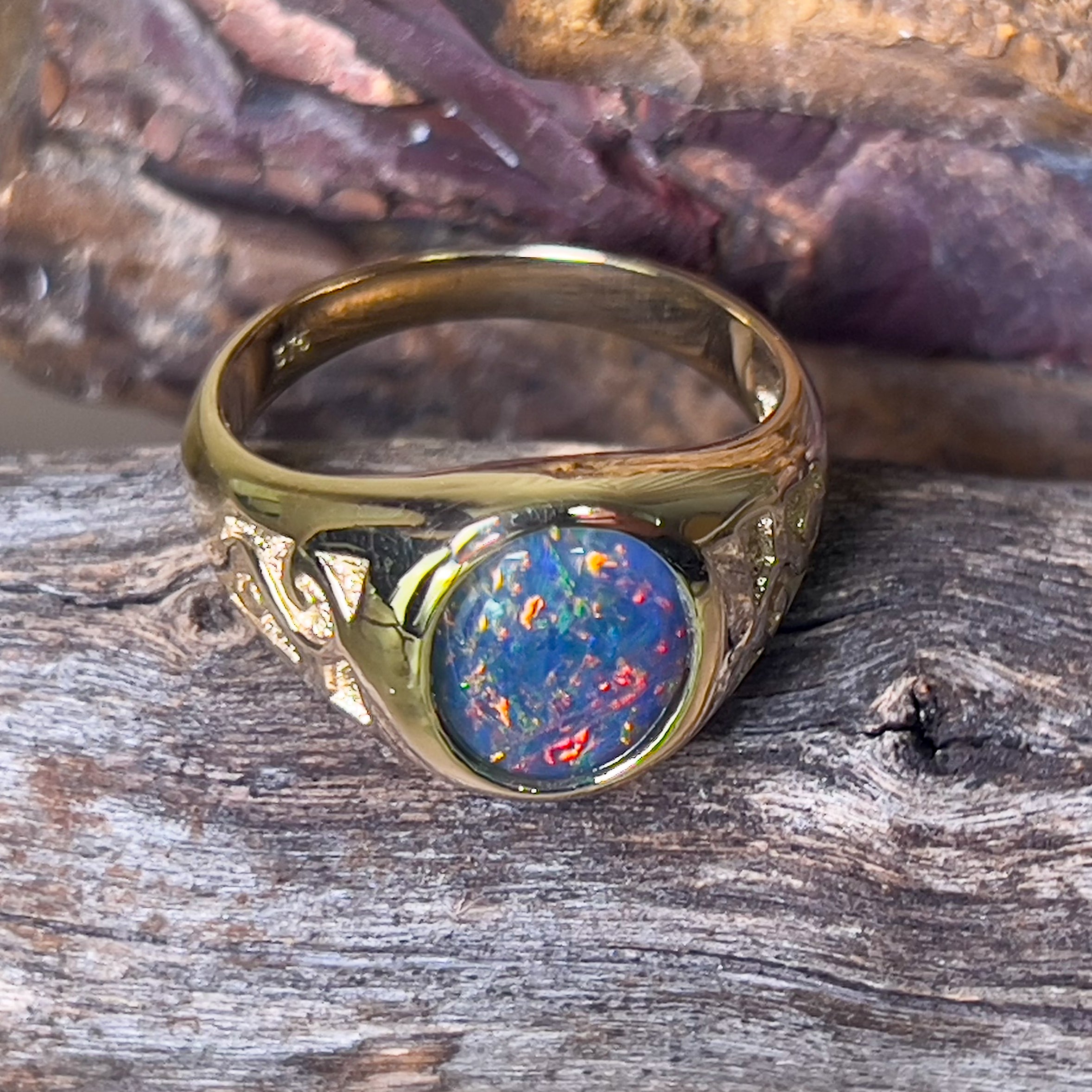 9kt Yellow Gold 12x10mm Opal triplet signet patterned ring - Masterpiece Jewellery Opal & Gems Sydney Australia | Online Shop