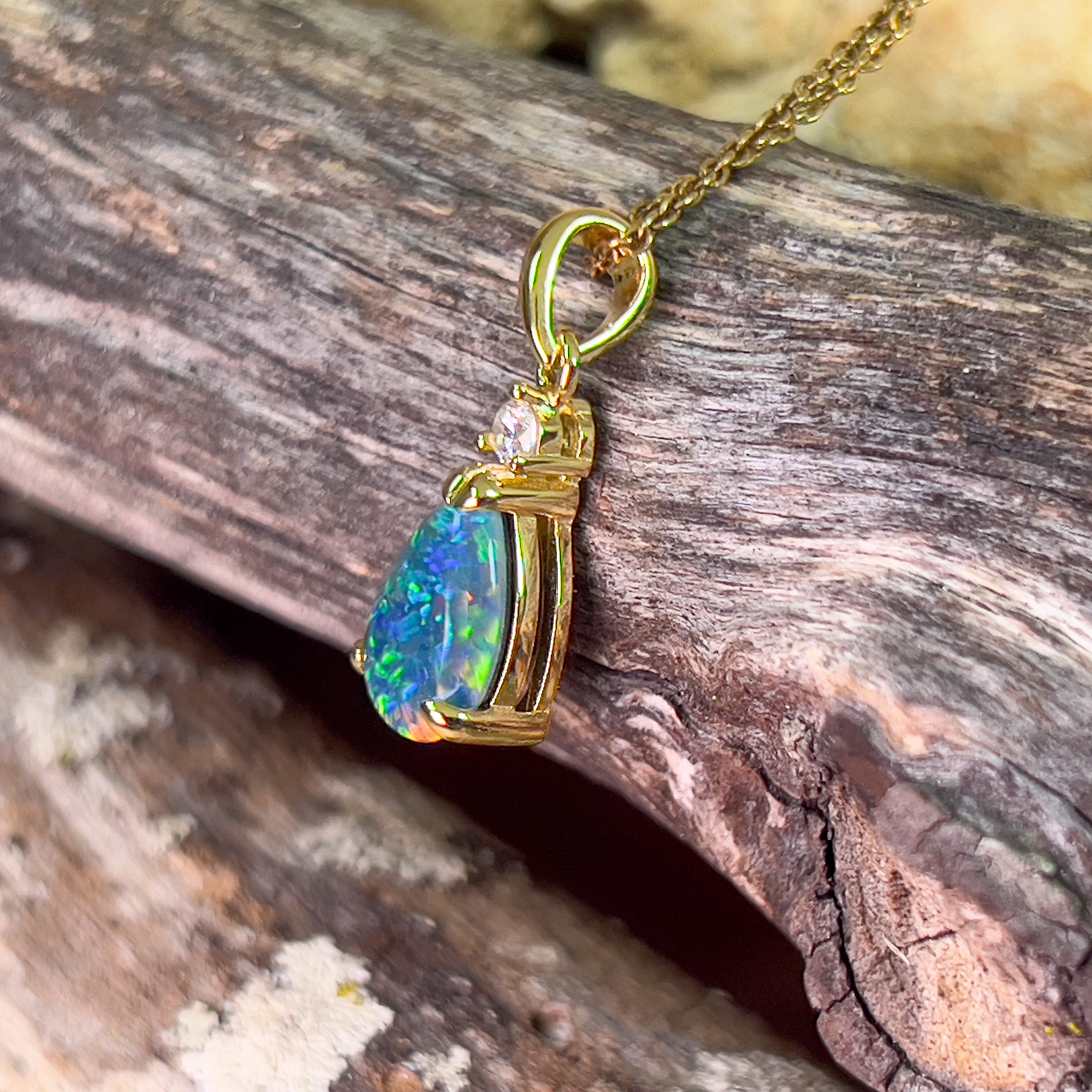 Sterling Silver Gold plated Opal triplet 13x8mm pear shape and cubic zirconia pendant - Masterpiece Jewellery Opal & Gems Sydney Australia | Online Shop