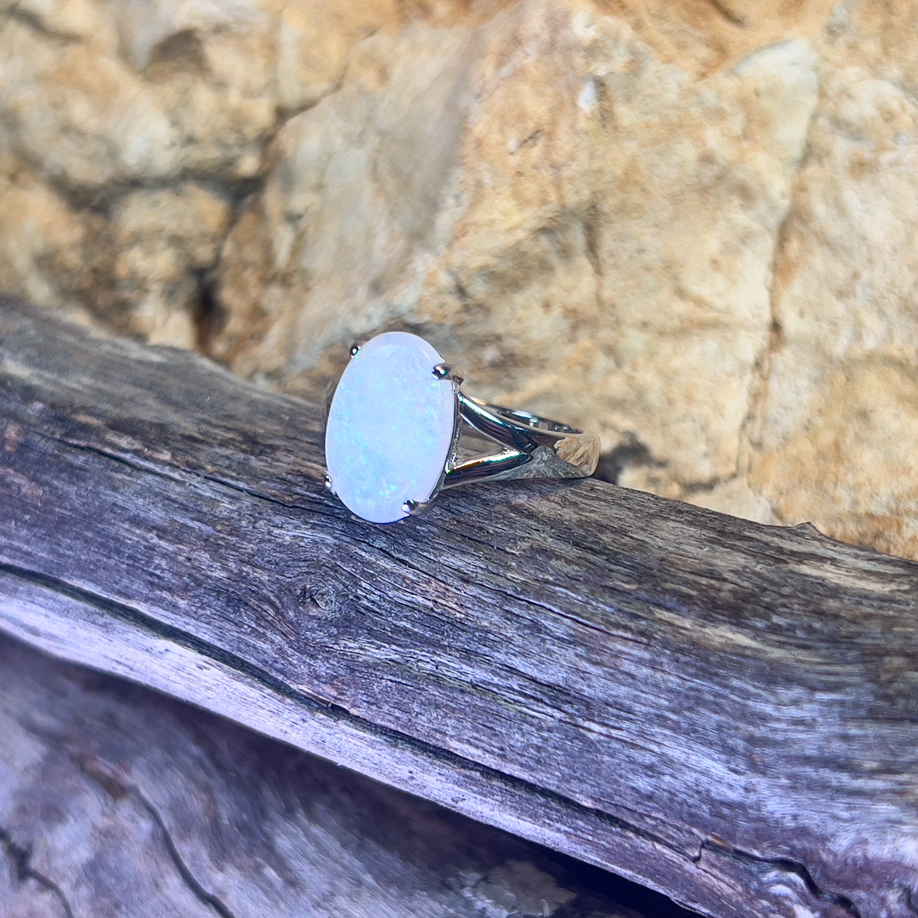 Sterling Silver split shank White Opal 2.25ct ring claw set - Masterpiece Jewellery Opal & Gems Sydney Australia | Online Shop