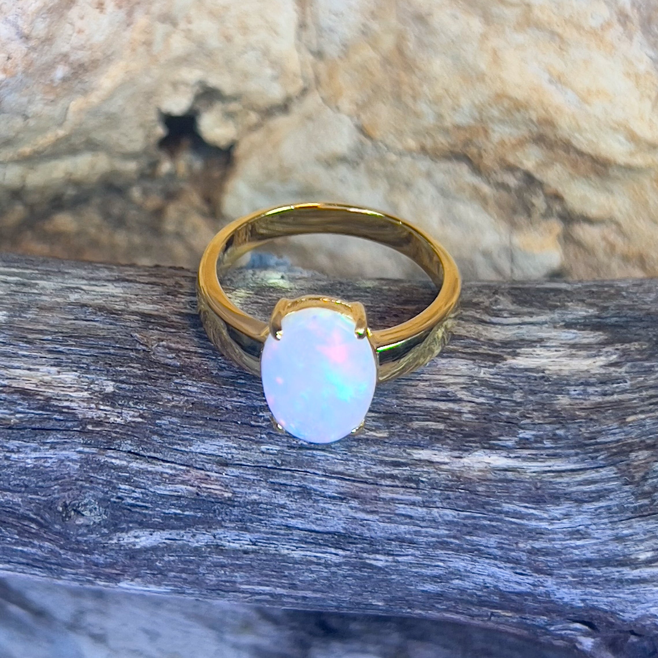 Gold Plated Sterling Silver solitaire White Opal ring 1.1ct - Masterpiece Jewellery Opal & Gems Sydney Australia | Online Shop