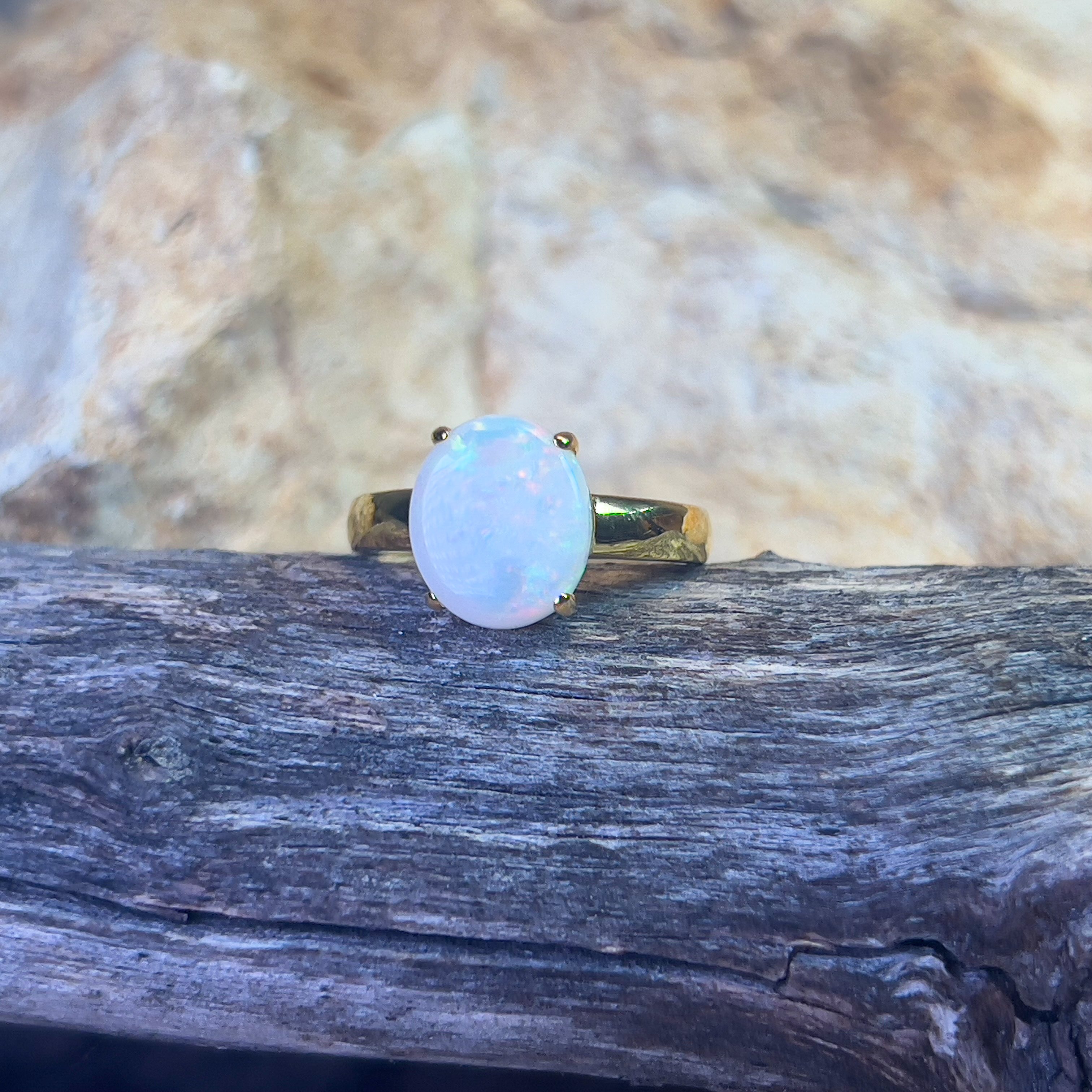 Gold plated Sterling Silver 1.8ct White Opal solitaire ring - Masterpiece Jewellery Opal & Gems Sydney Australia | Online Shop