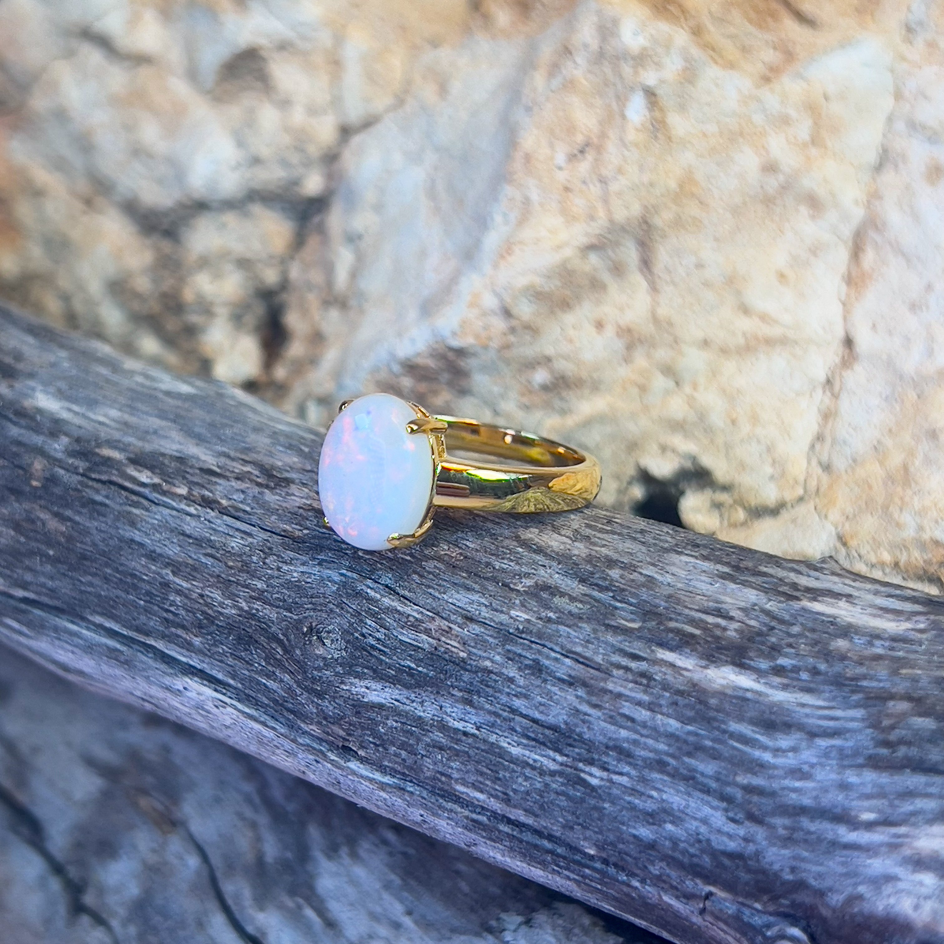 Gold Plated Sterling Silver solitaire ring White Opal 1.8ct - Masterpiece Jewellery Opal & Gems Sydney Australia | Online Shop