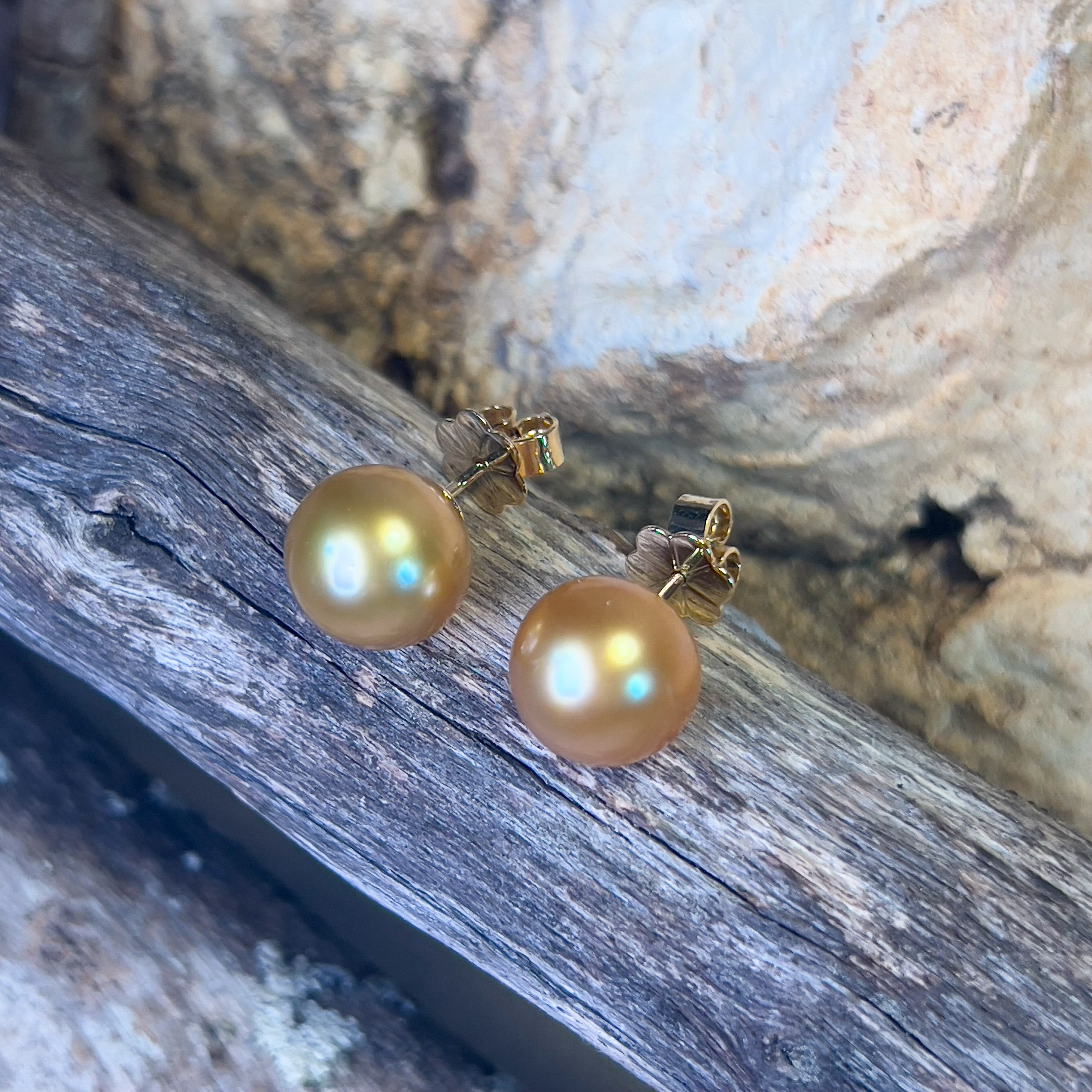 18kt Yellow Gold Golden South Sea Pearl 10mm studs Masterpiece Jewellery Opal Gems Sydney Australia Online Shop