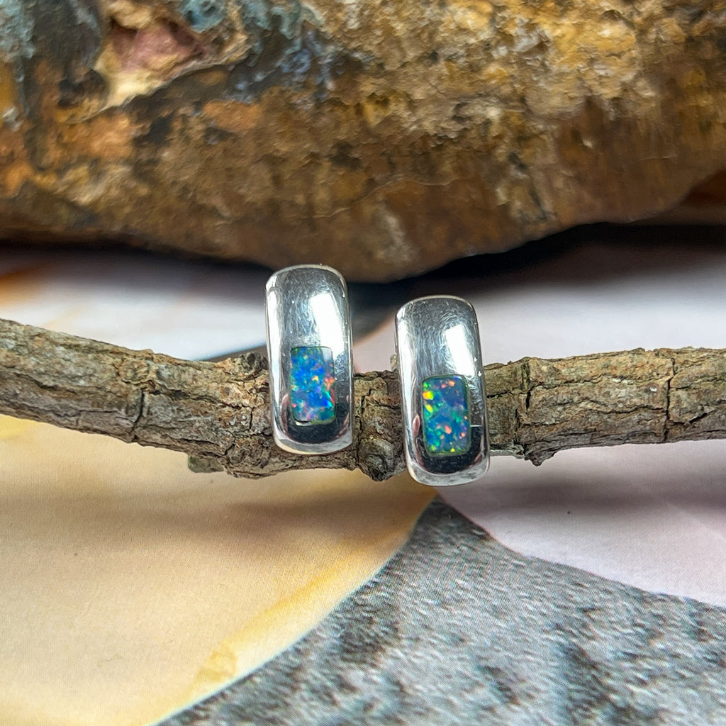 Silver Inlay Opal Earrings - Dainty & Cute Handmade Studs, Minimalist Opal Jewelry, Perfect Birthstone Gift for Her - Masterpiece Jewellery Opal & Gems Sydney Australia | Online Shop