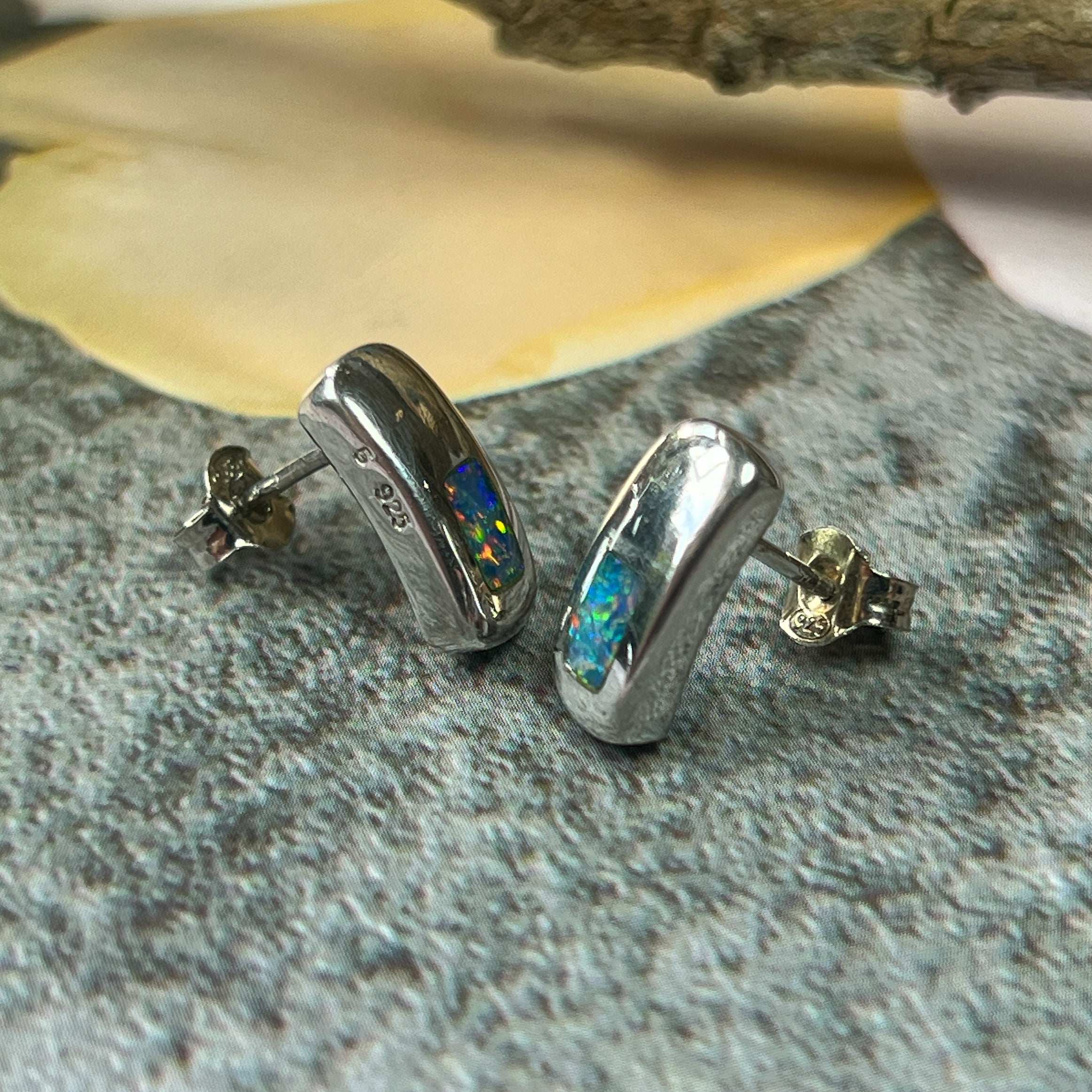 Silver Inlay Opal Earrings - Dainty & Cute Handmade Studs, Minimalist Opal Jewelry, Perfect Birthstone Gift for Her - Masterpiece Jewellery Opal & Gems Sydney Australia | Online Shop